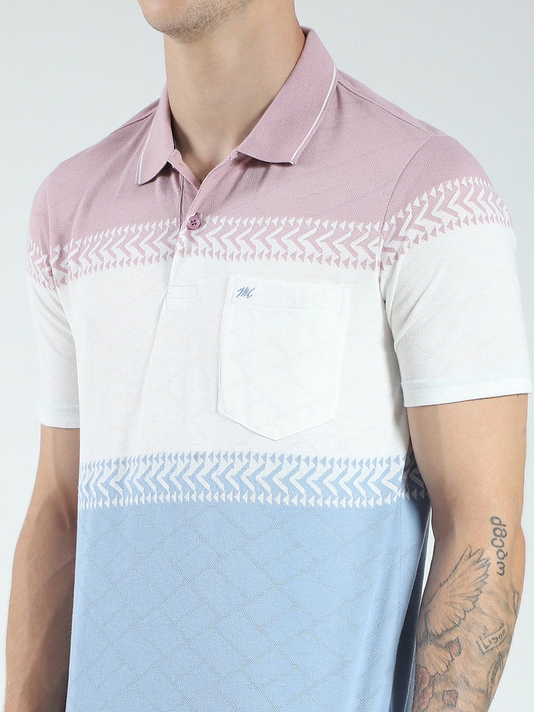 Men Blue Stripe Collar Half Sleeve T-Shirt