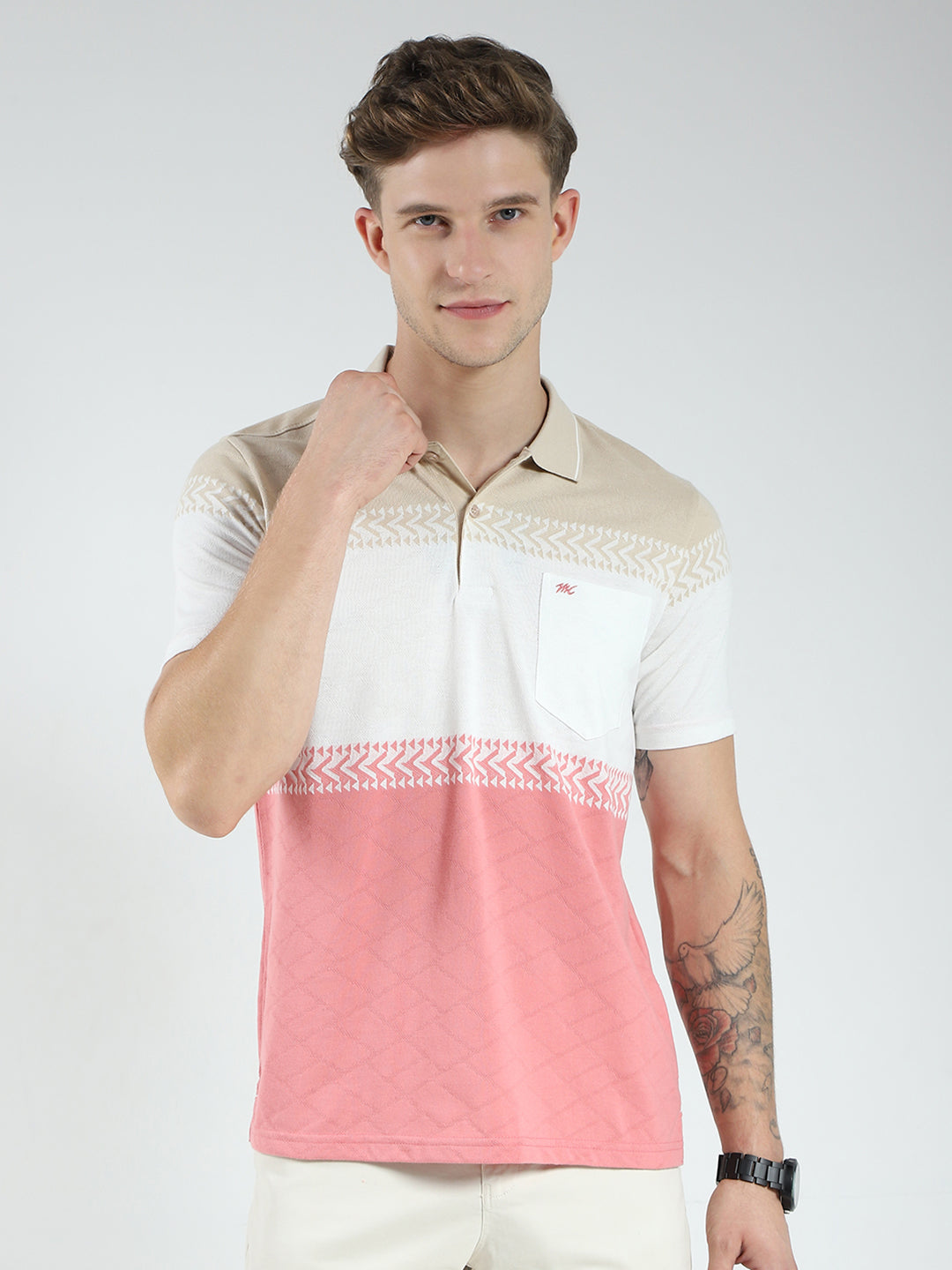 Men Pink Stripe Collar Half Sleeve T-Shirt