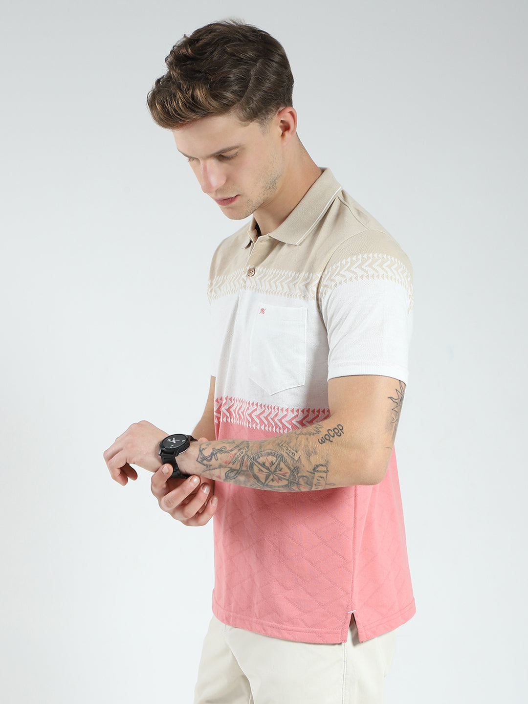Men Pink Stripe Collar Half Sleeve T-Shirt