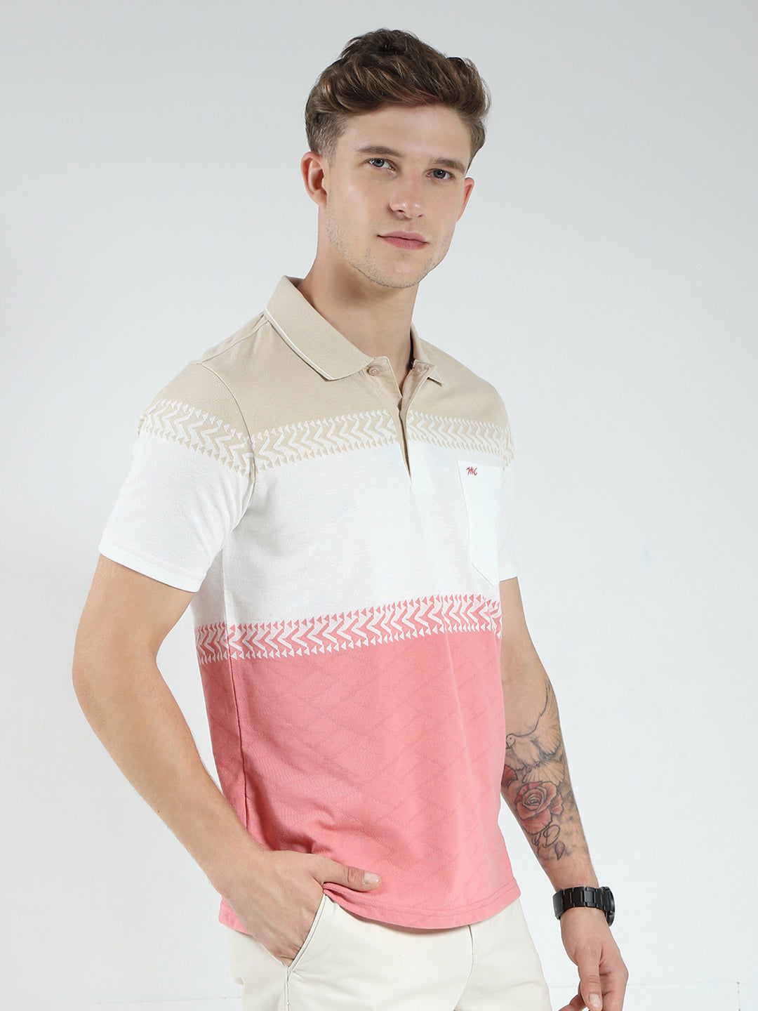 Men Pink Stripe Collar Half Sleeve T-Shirt