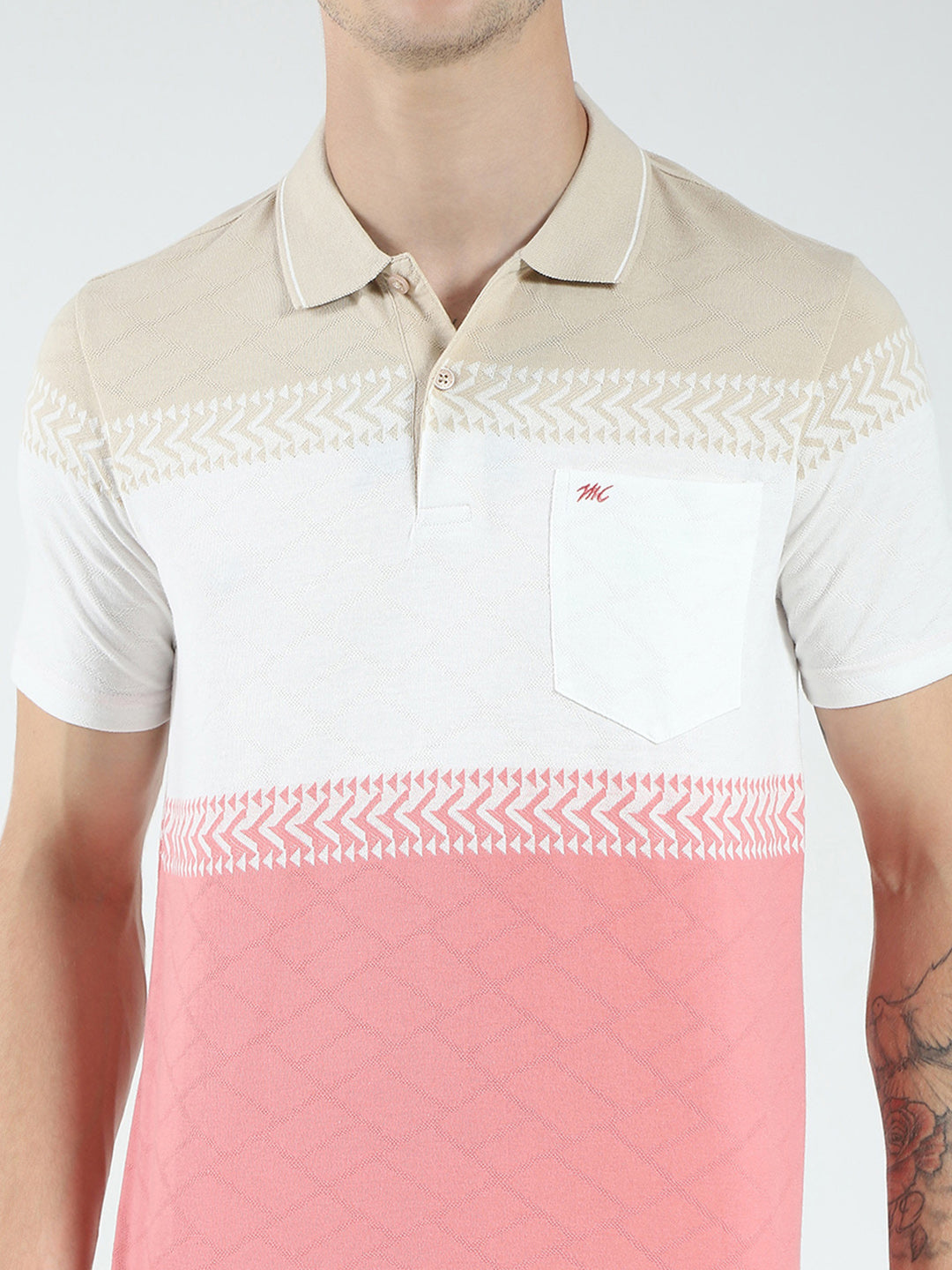 Men Pink Stripe Collar Half Sleeve T-Shirt