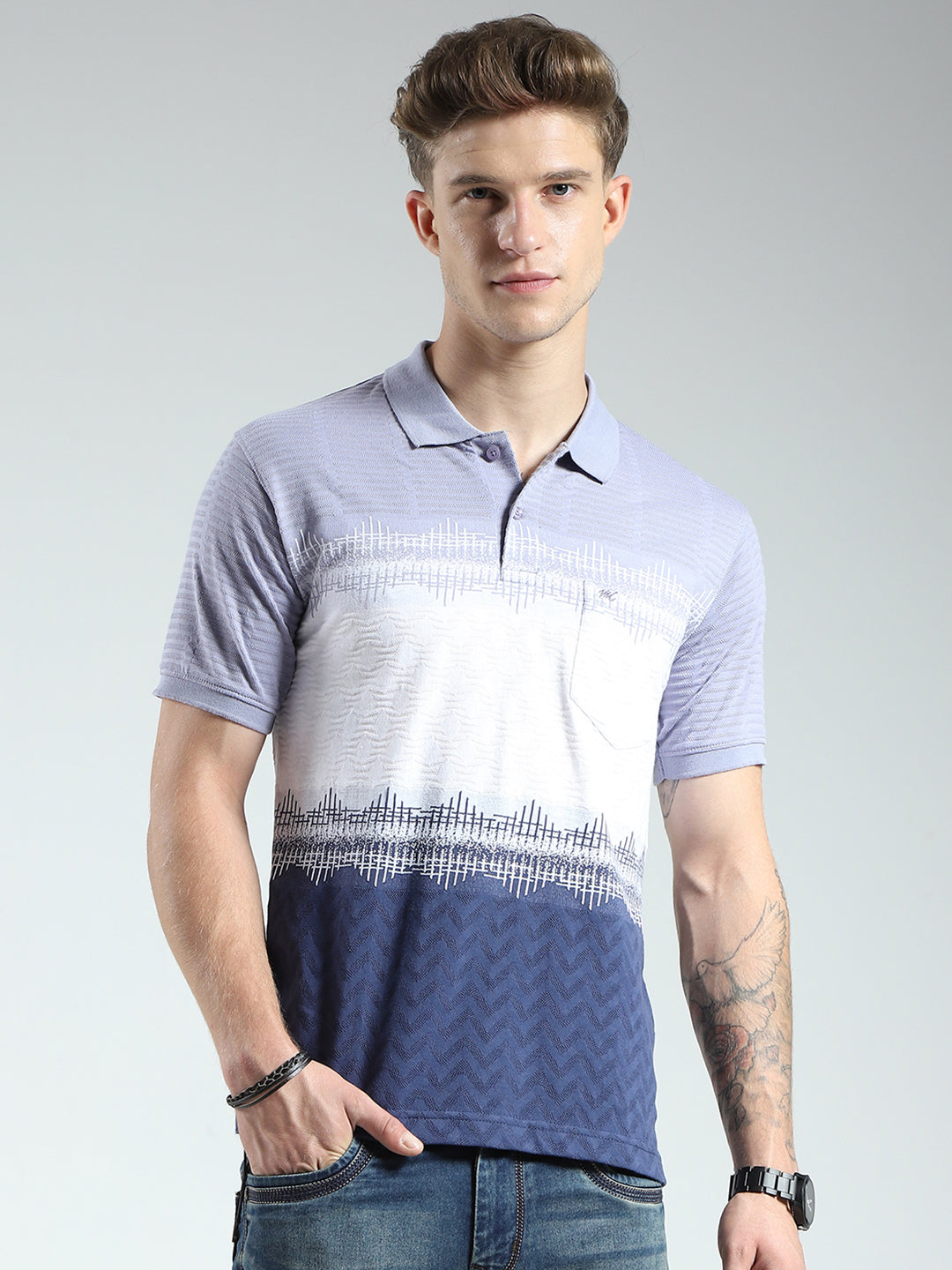 Men Blue Stripe Collar Half Sleeve T-Shirt