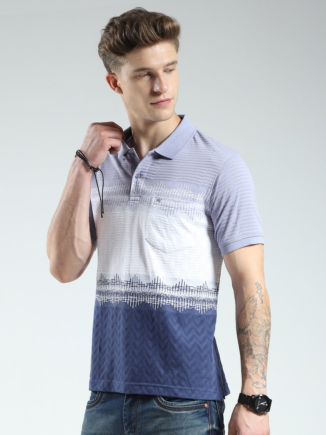 Men Blue Stripe Collar Half Sleeve T-Shirt