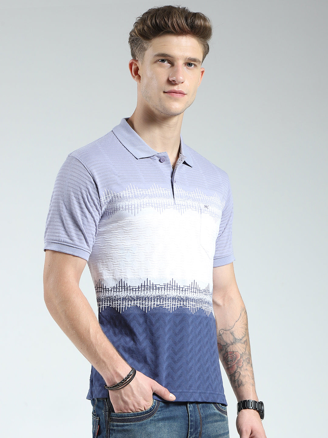 Men Blue Stripe Collar Half Sleeve T-Shirt