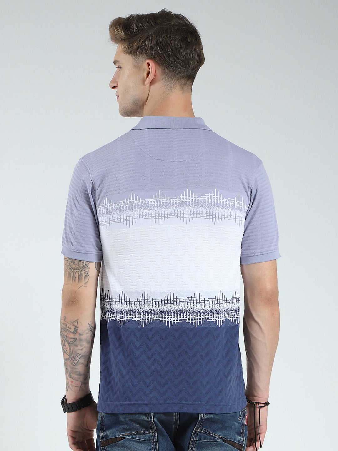 Men Blue Stripe Collar Half Sleeve T-Shirt