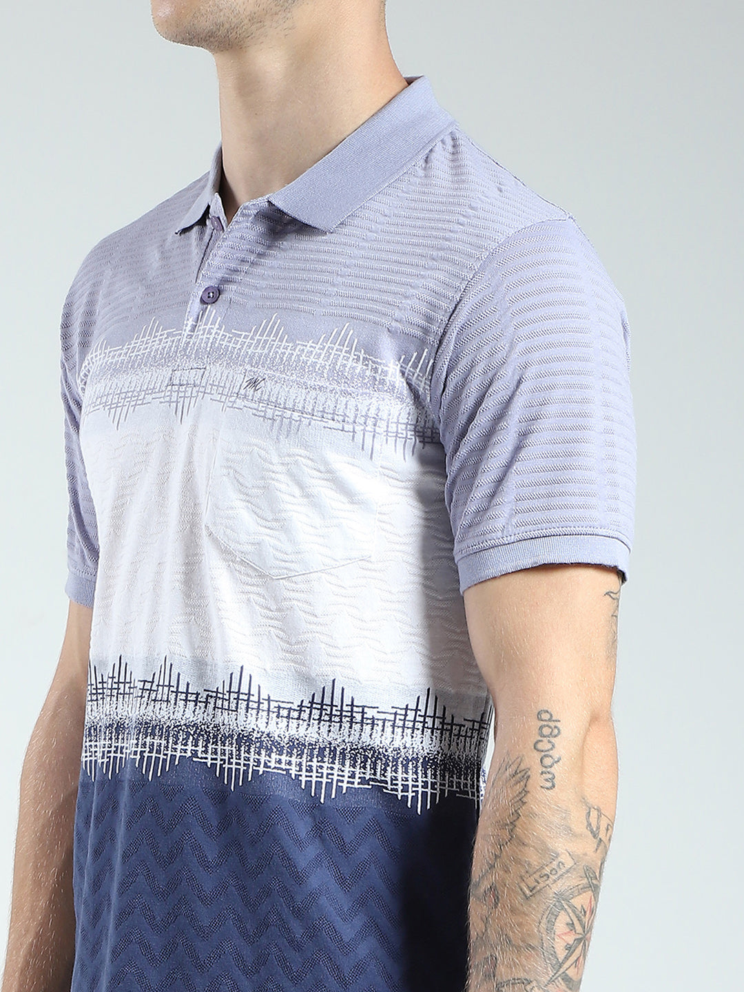 Men Blue Stripe Collar Half Sleeve T-Shirt