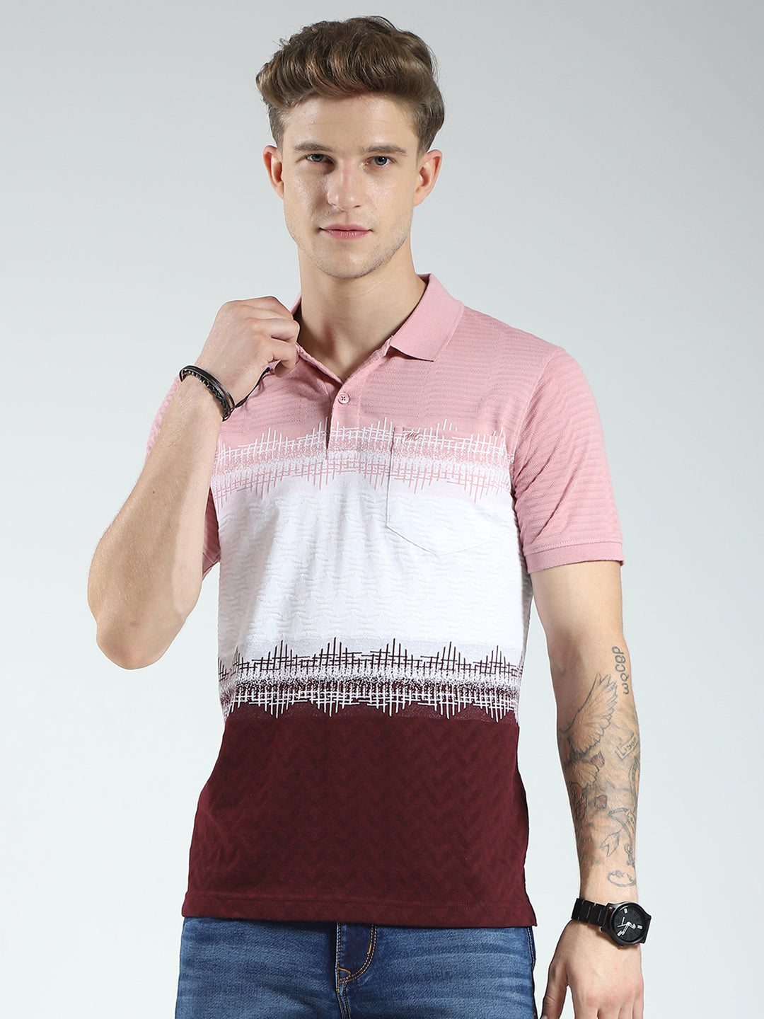 Men Maroon Stripe Collar Half Sleeve T-Shirt