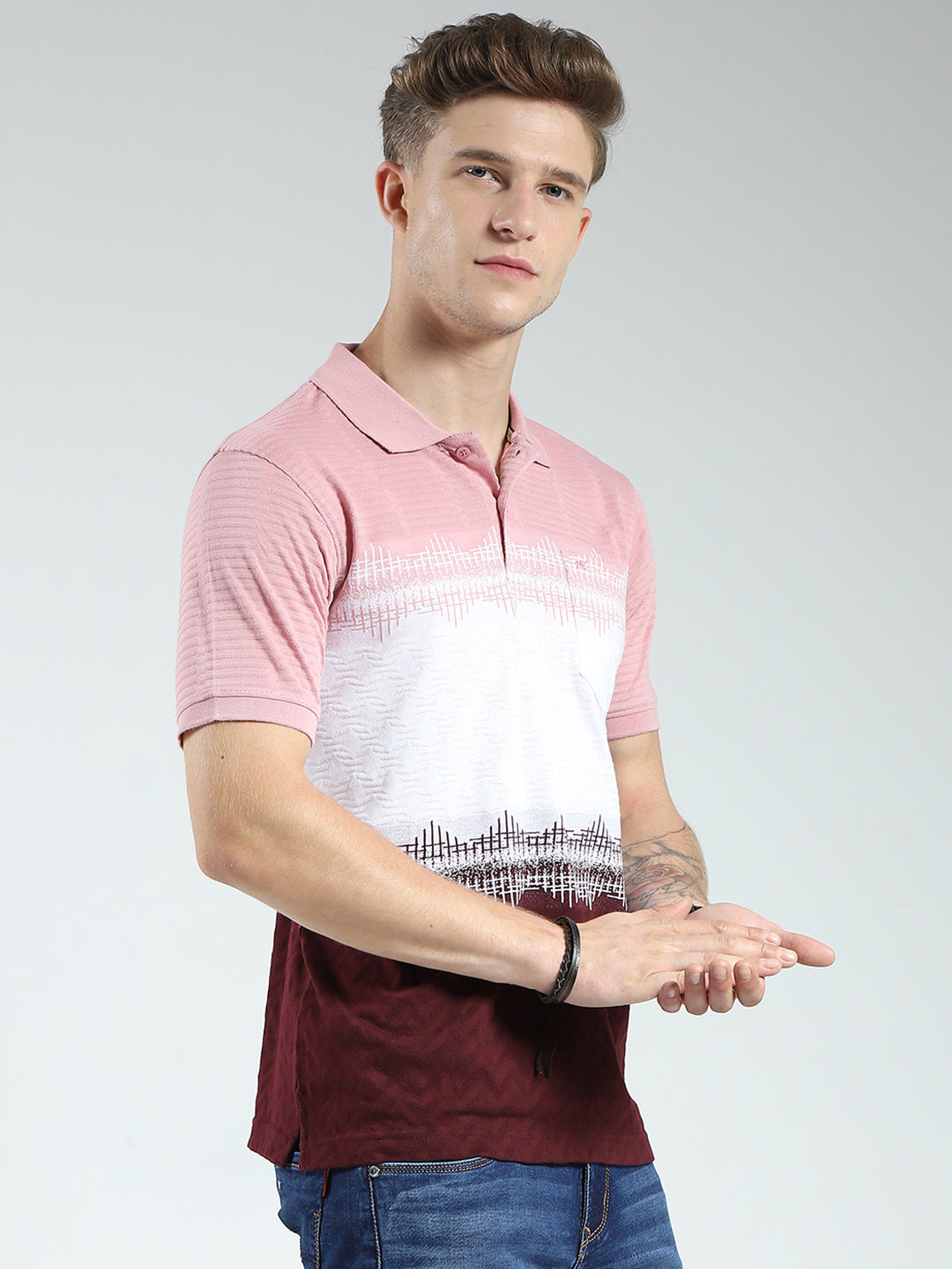 Men Maroon Stripe Collar Half Sleeve T-Shirt