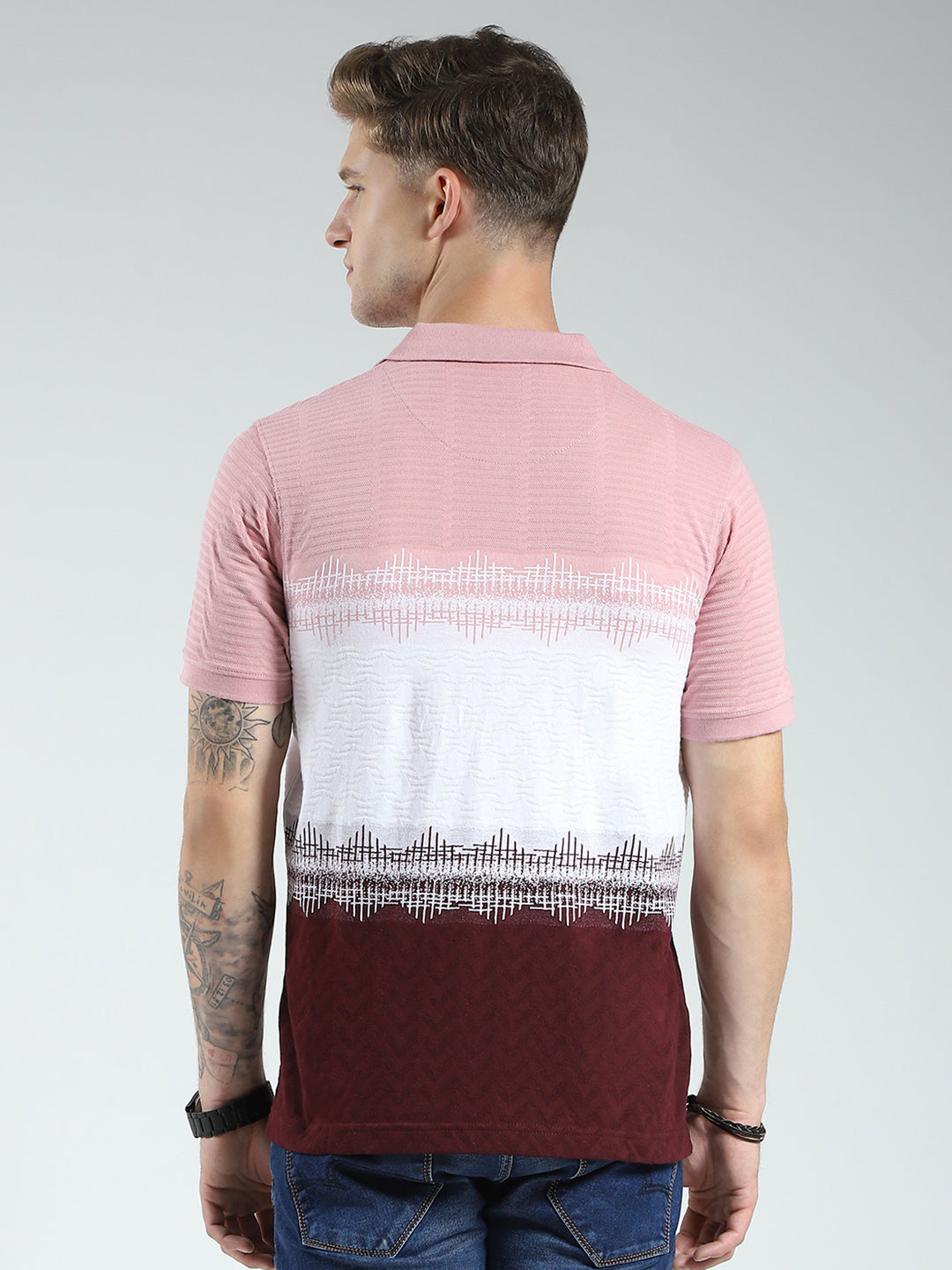 Men Maroon Stripe Collar Half Sleeve T-Shirt