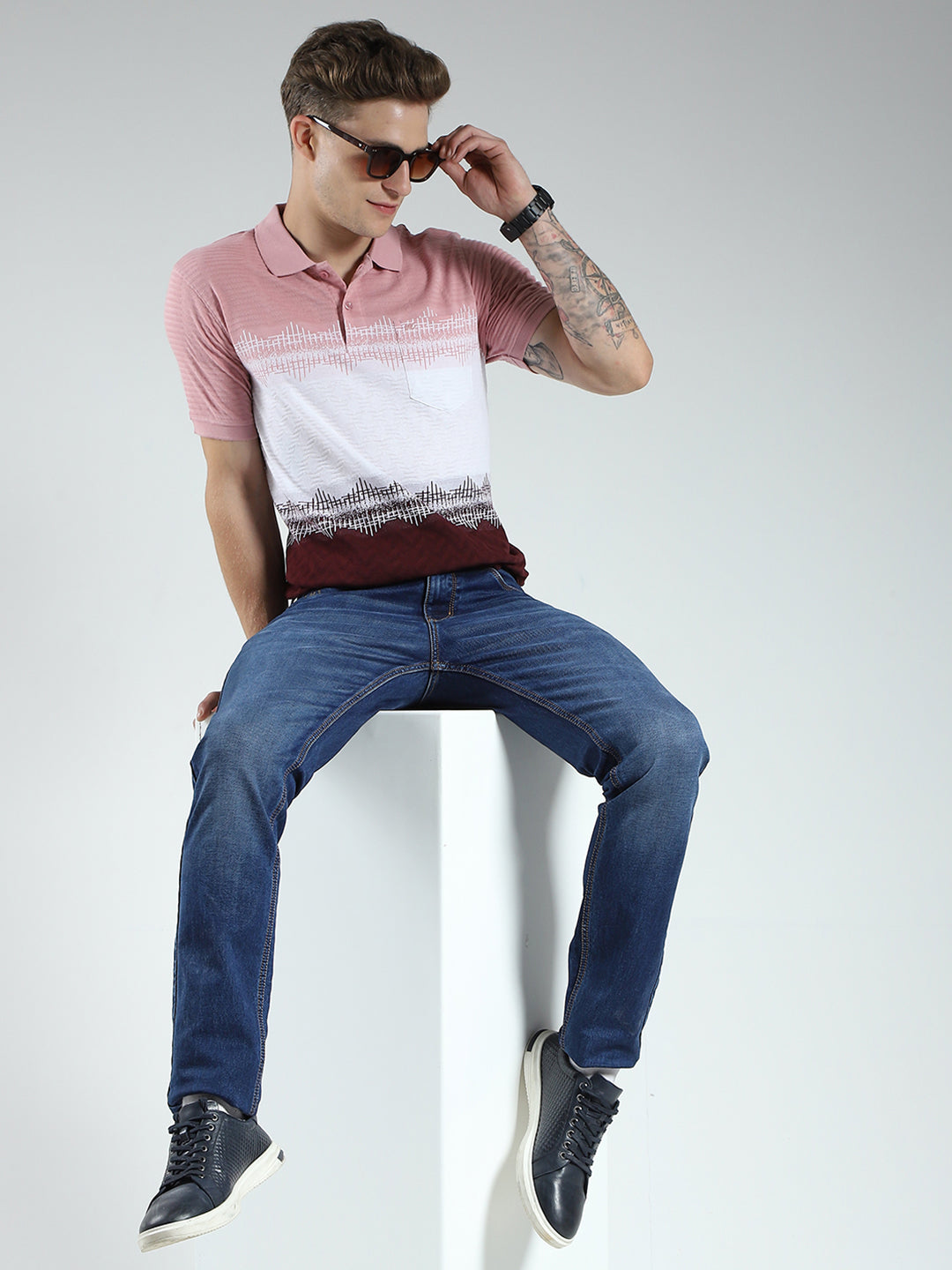Men Maroon Stripe Collar Half Sleeve T-Shirt