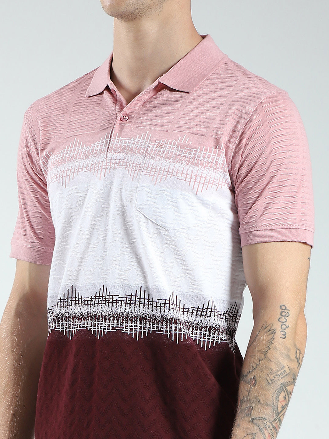 Men Maroon Stripe Collar Half Sleeve T-Shirt