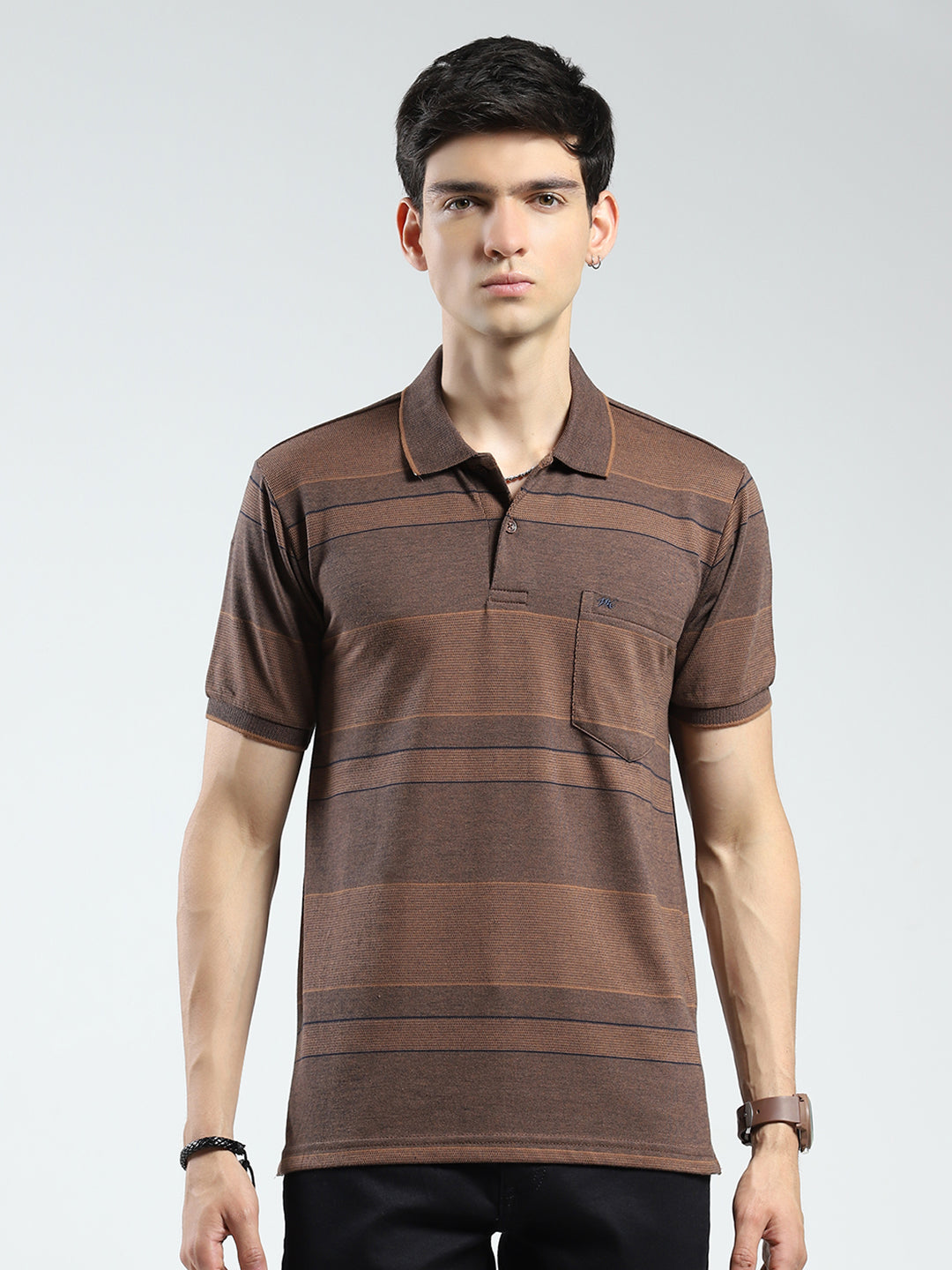 Men Brown Stripe Collar Half Sleeve T-Shirt