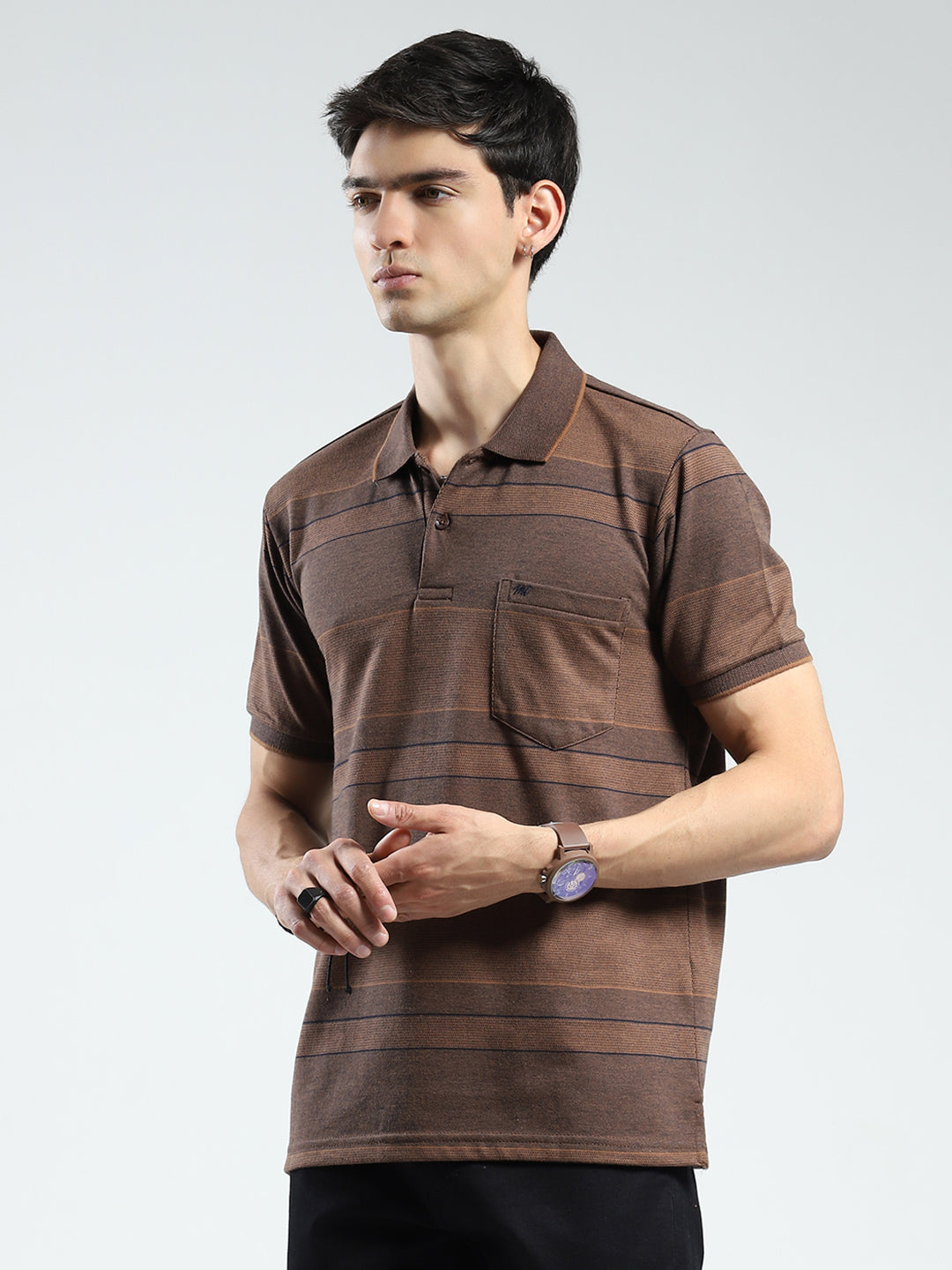 Men Brown Stripe Collar Half Sleeve T-Shirt