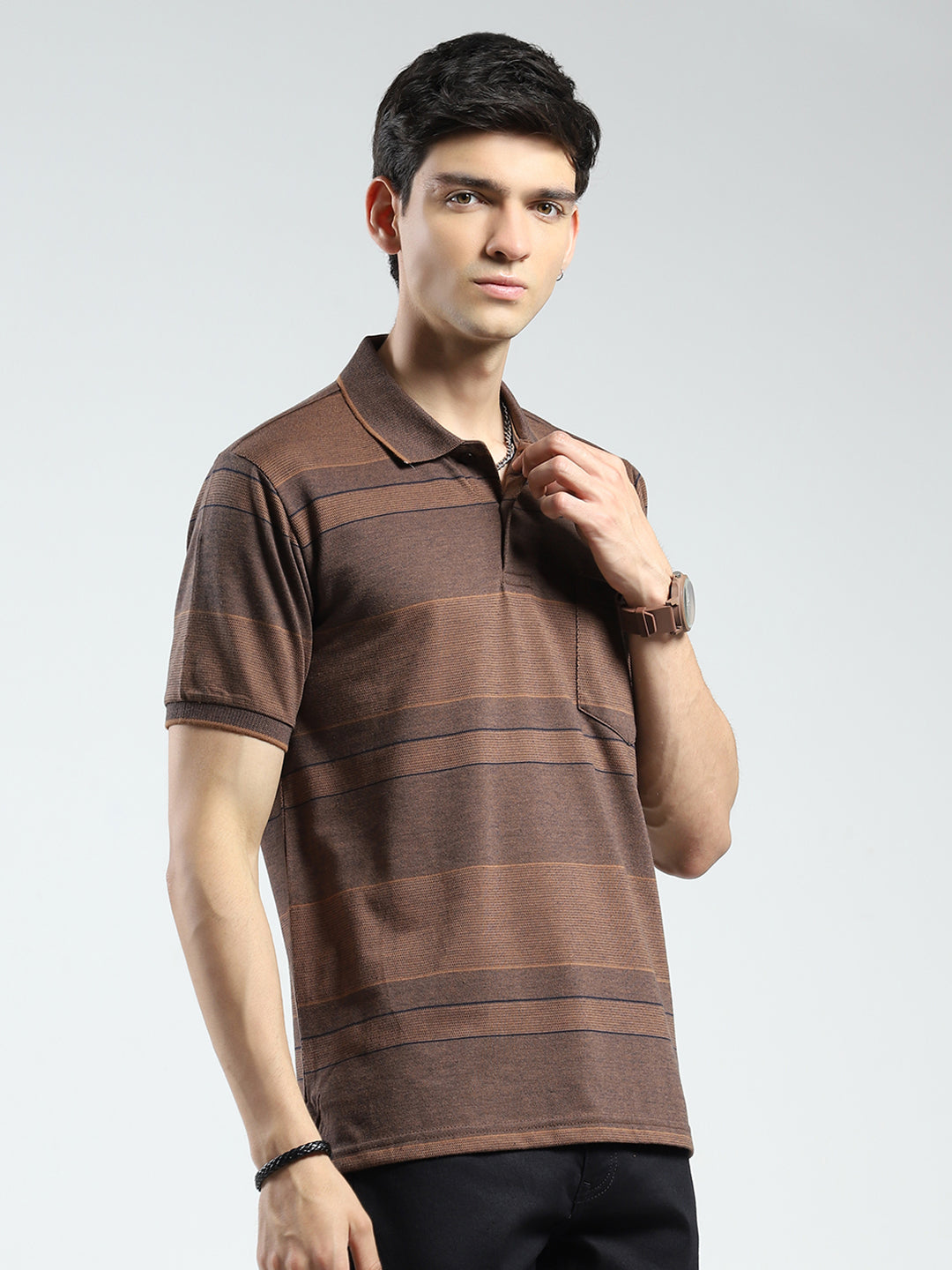 Men Brown Stripe Collar Half Sleeve T-Shirt