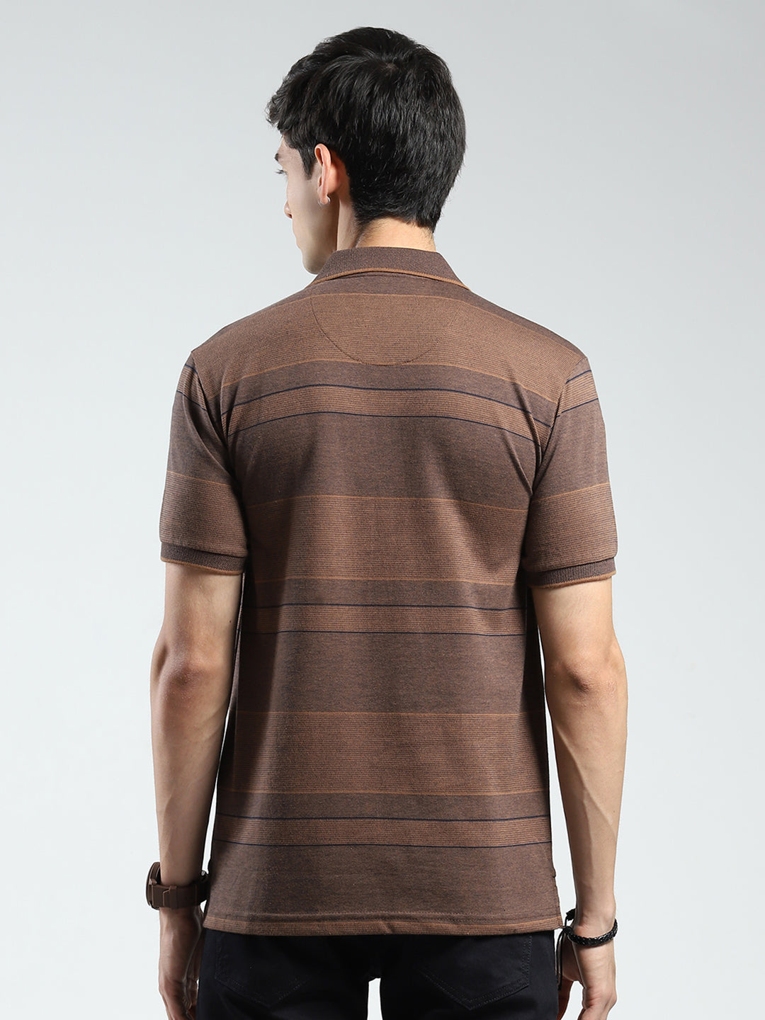 Men Brown Stripe Collar Half Sleeve T-Shirt