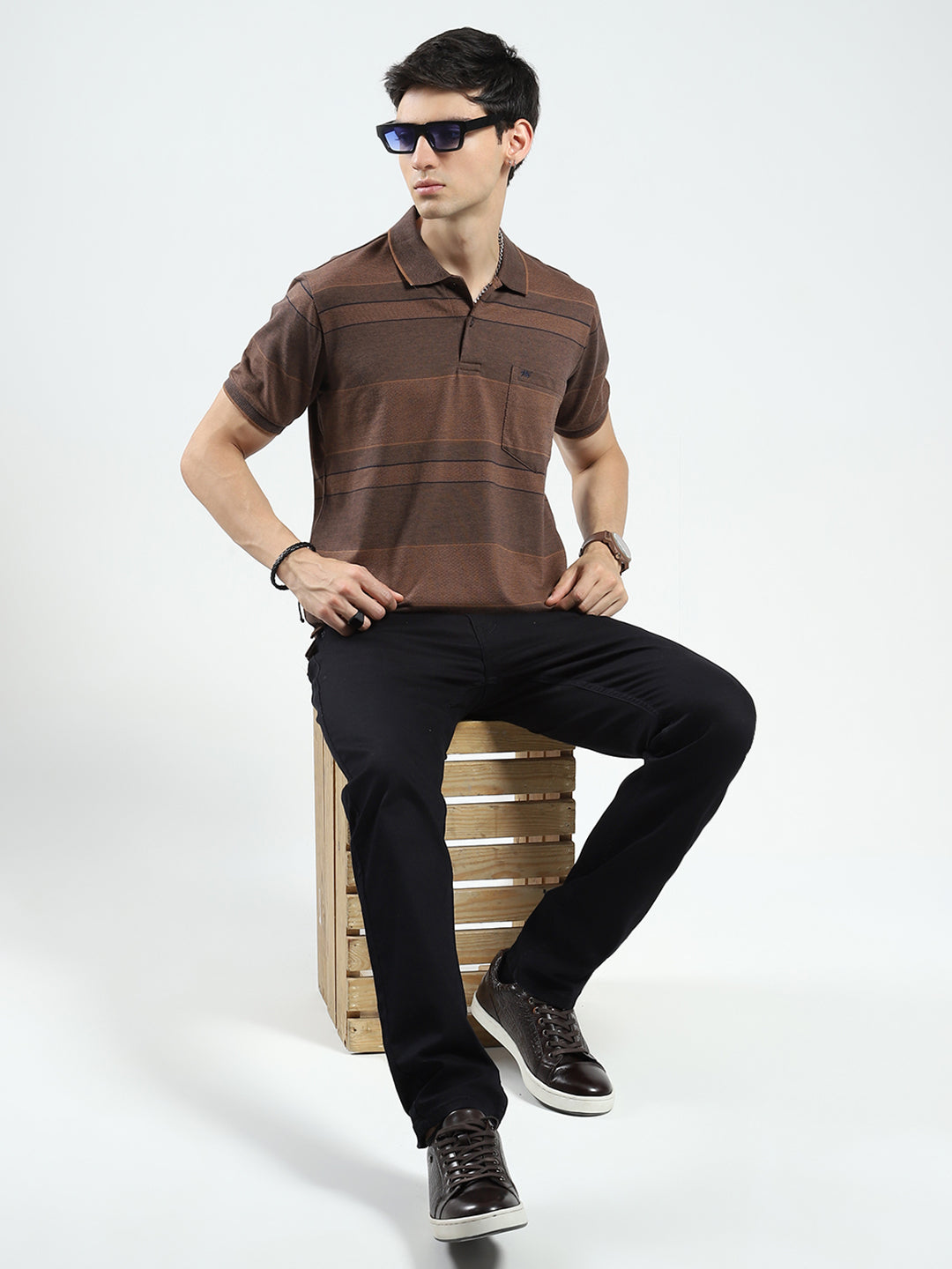 Men Brown Stripe Collar Half Sleeve T-Shirt