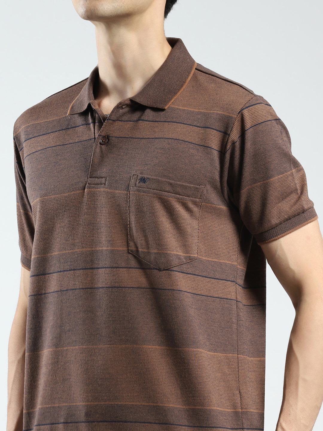 Men Brown Stripe Collar Half Sleeve T-Shirt