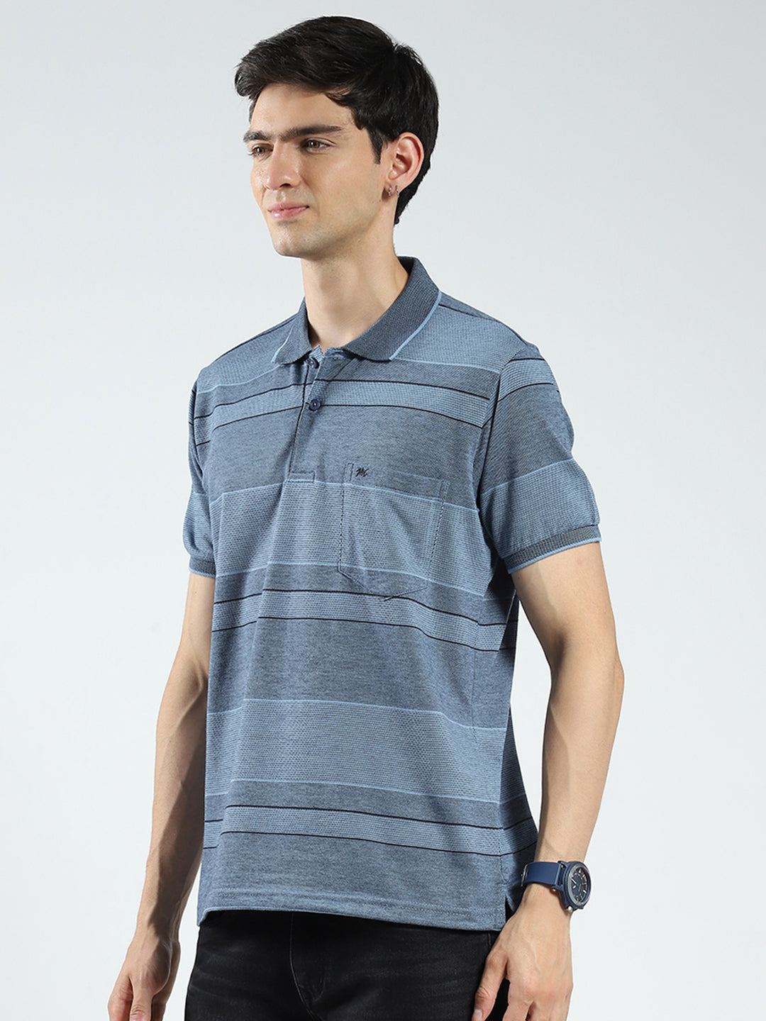 Men Blue Stripe Collar Half Sleeve T-Shirt