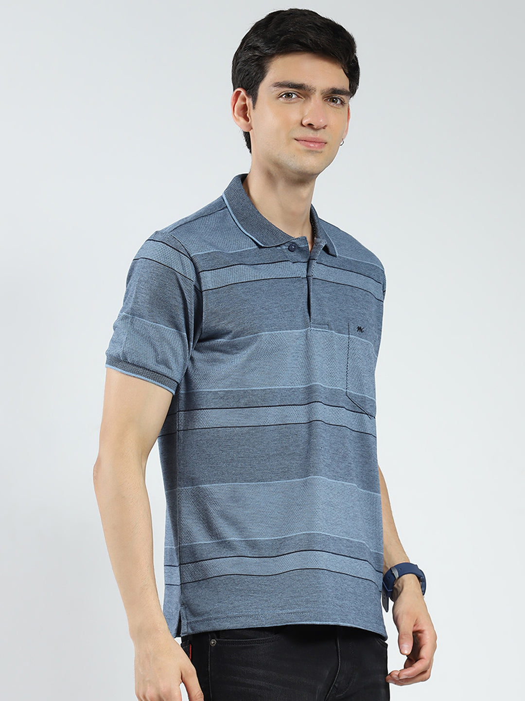 Men Blue Stripe Collar Half Sleeve T-Shirt