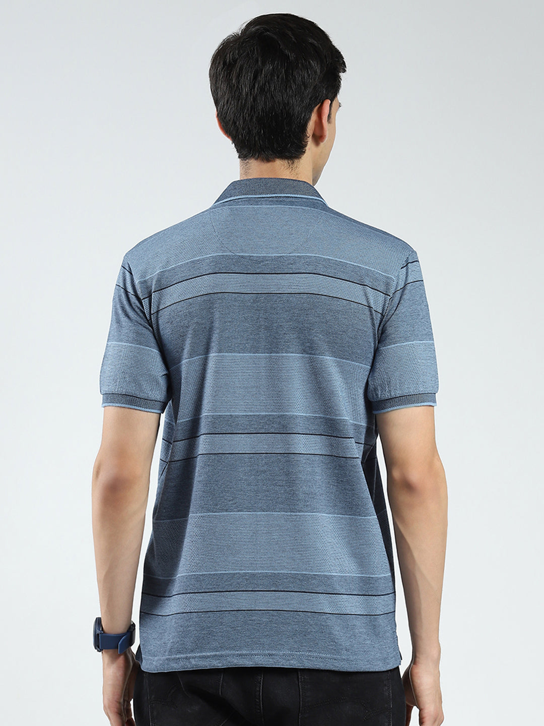 Men Blue Stripe Collar Half Sleeve T-Shirt