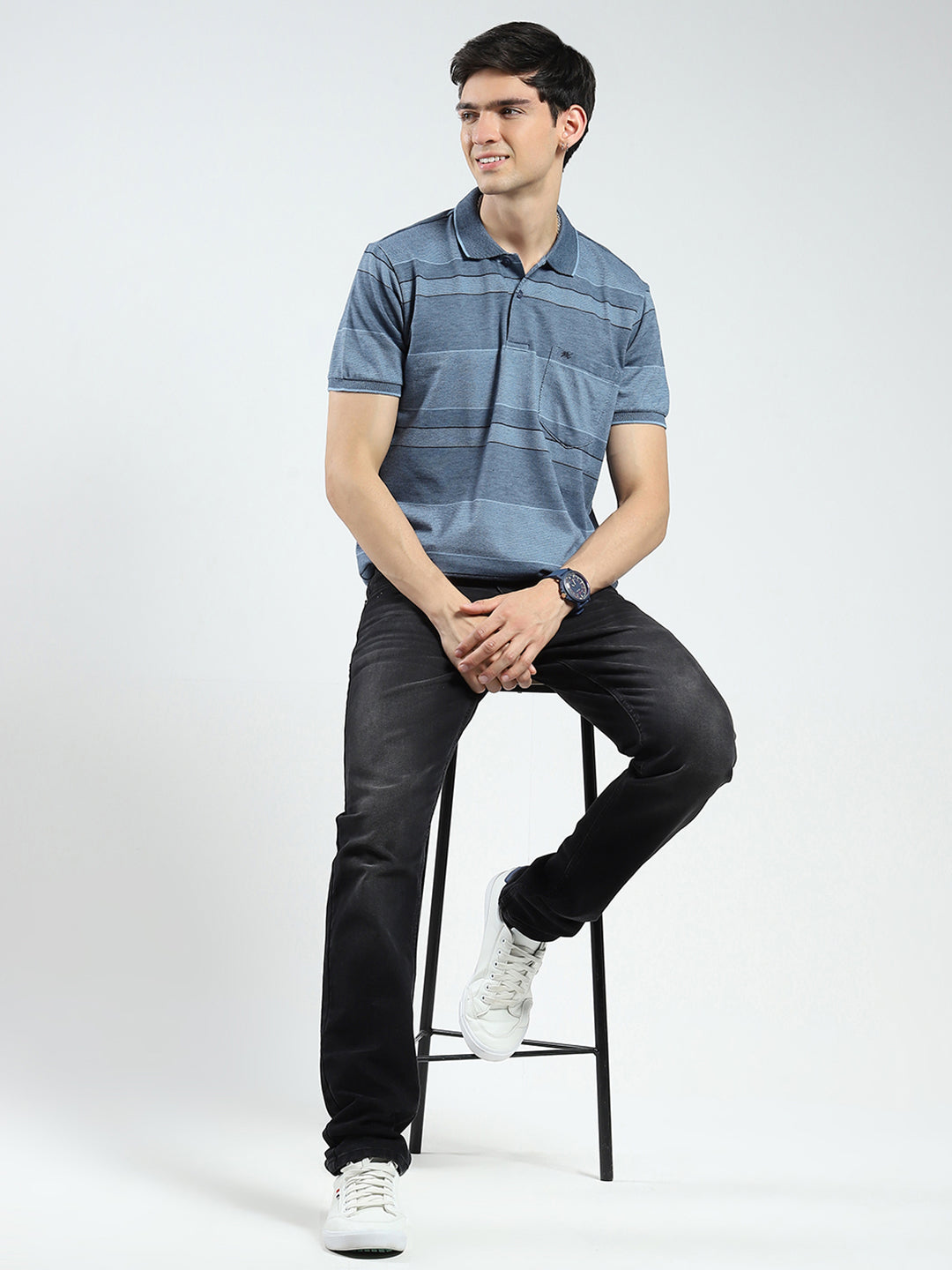 Men Blue Stripe Collar Half Sleeve T-Shirt