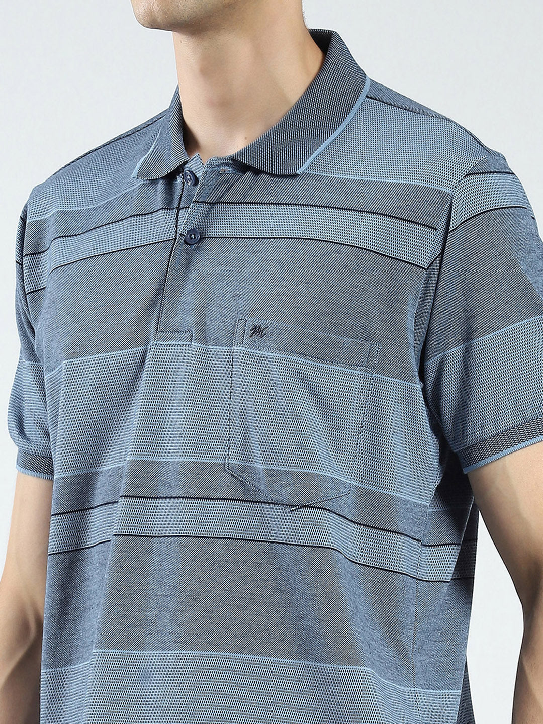 Men Blue Stripe Collar Half Sleeve T-Shirt