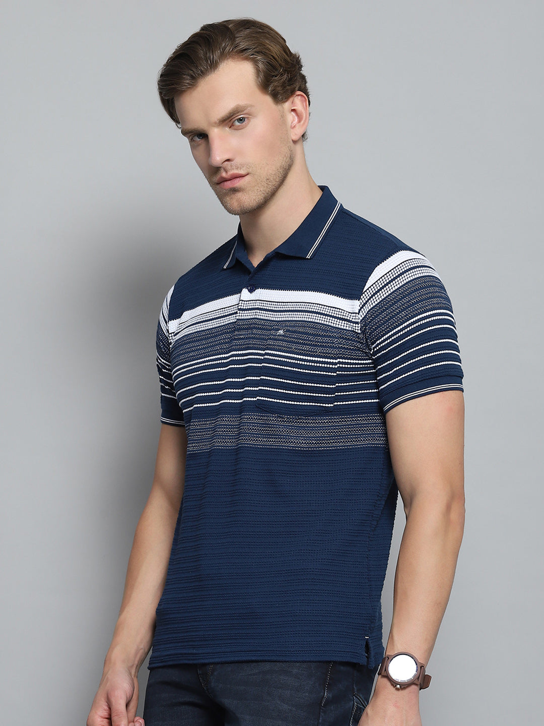 Men Navy Blue Stripe Collar Half Sleeve T-Shirt