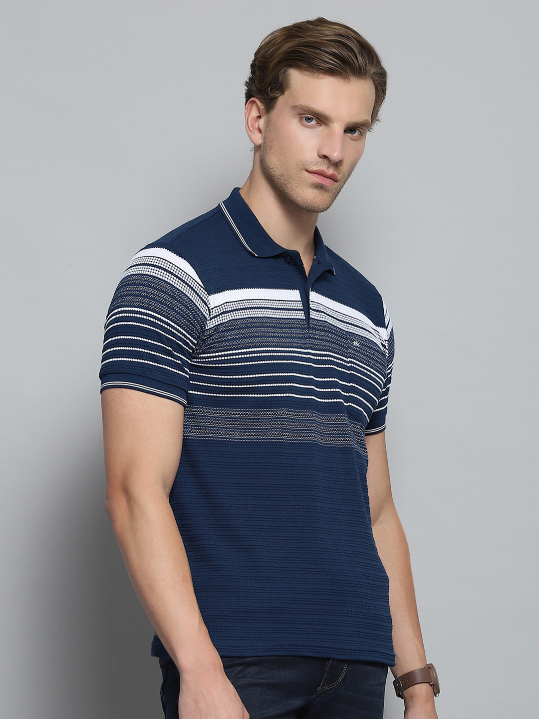 Men Navy Blue Stripe Collar Half Sleeve T-Shirt