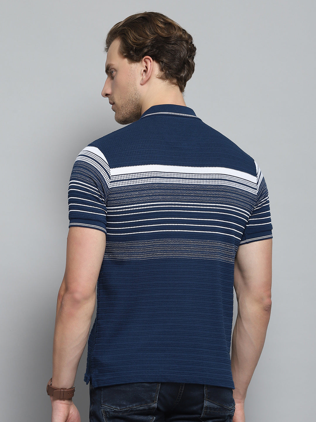 Men Navy Blue Stripe Collar Half Sleeve T-Shirt