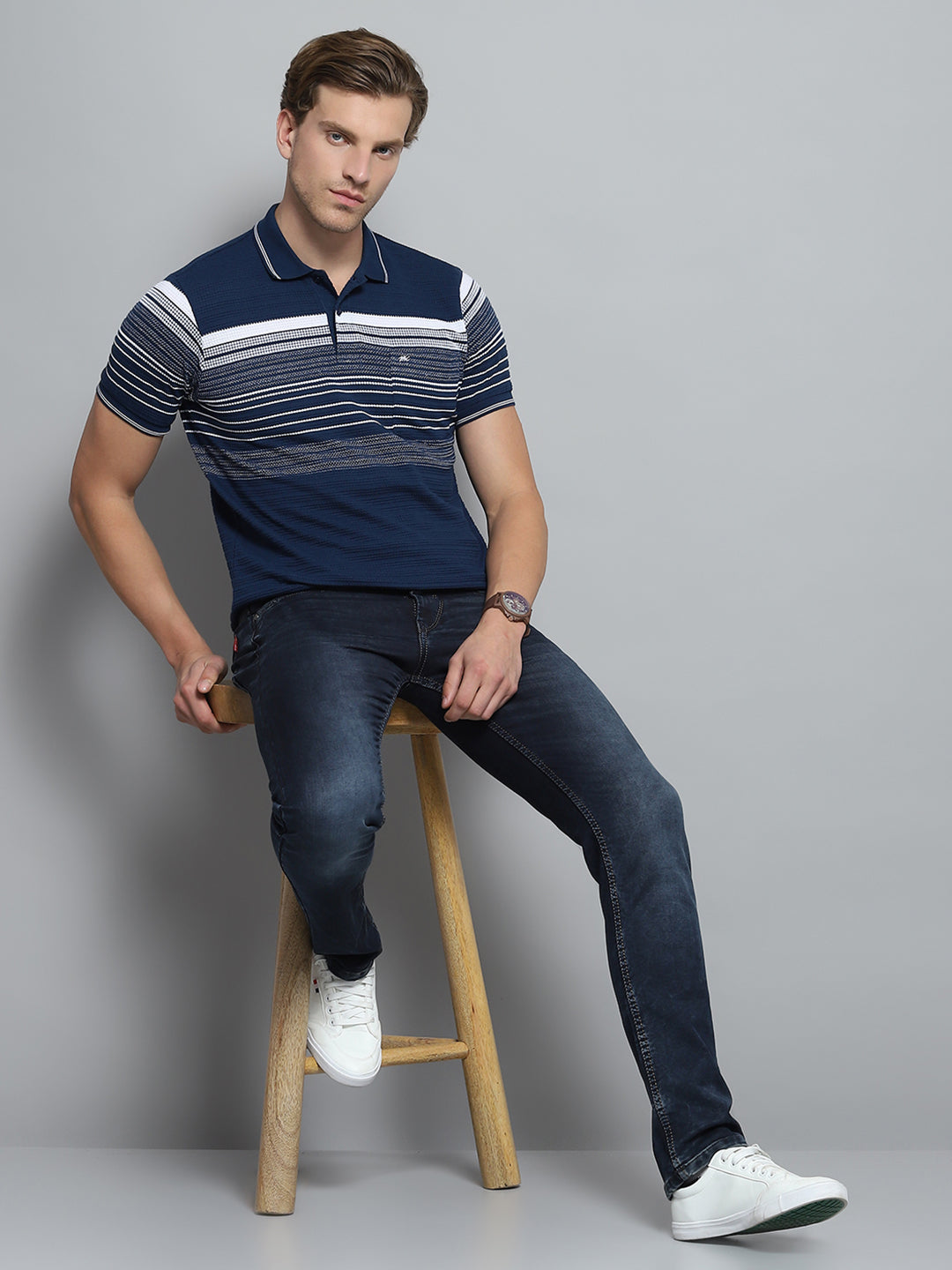 Men Navy Blue Stripe Collar Half Sleeve T-Shirt