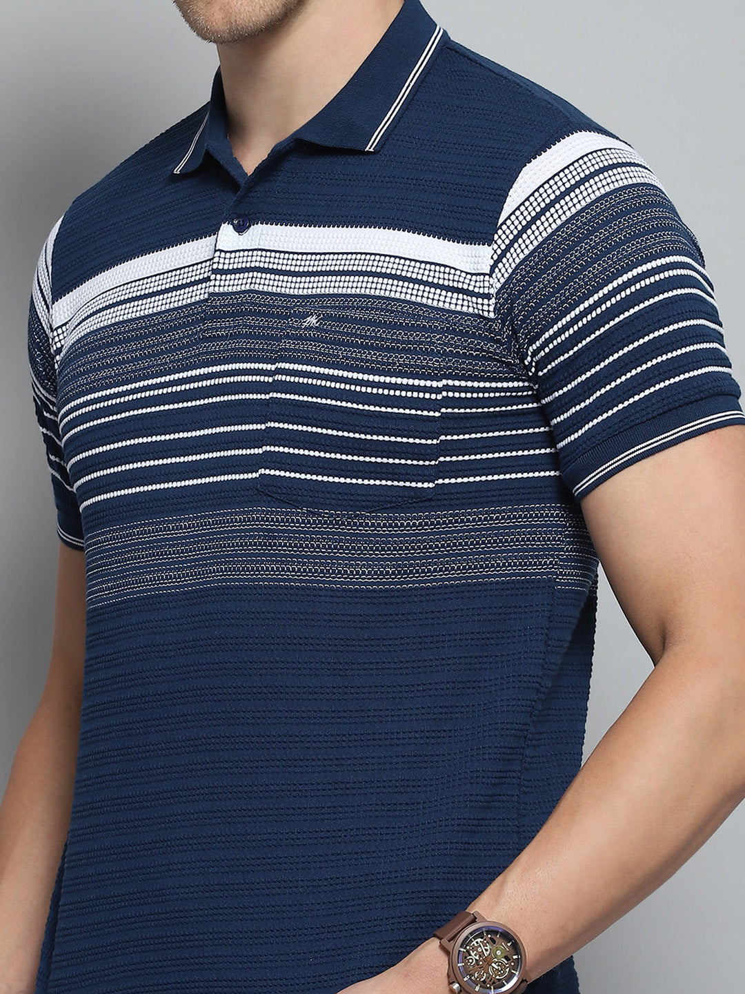 Men Navy Blue Stripe Collar Half Sleeve T-Shirt