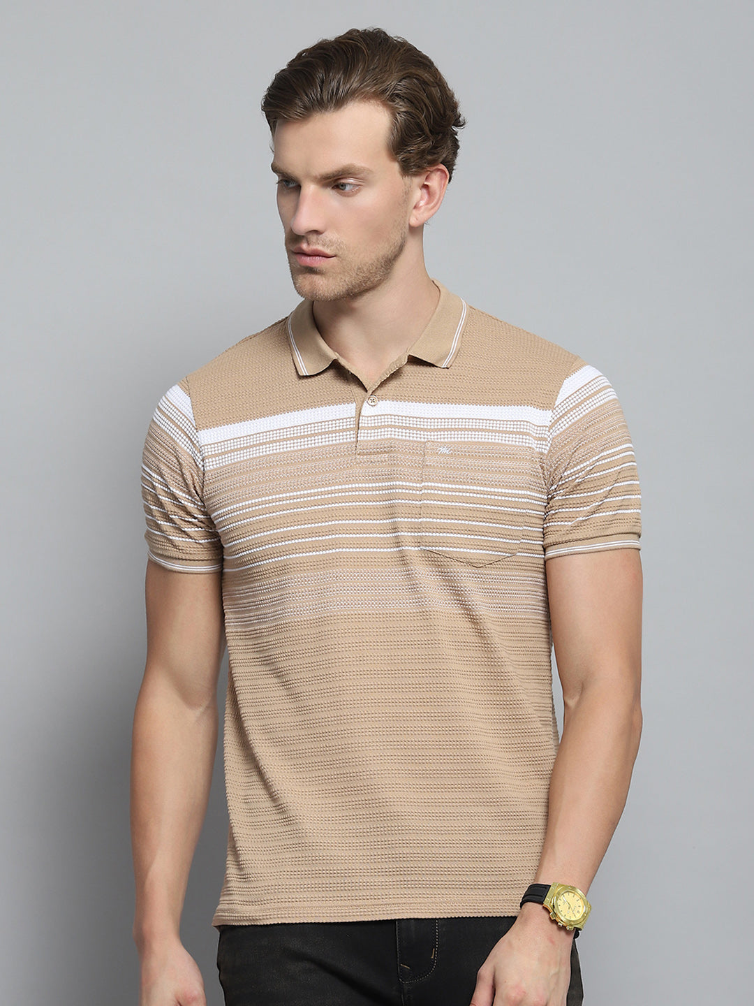 Men Brown Stripe Collar Half Sleeve T-Shirt