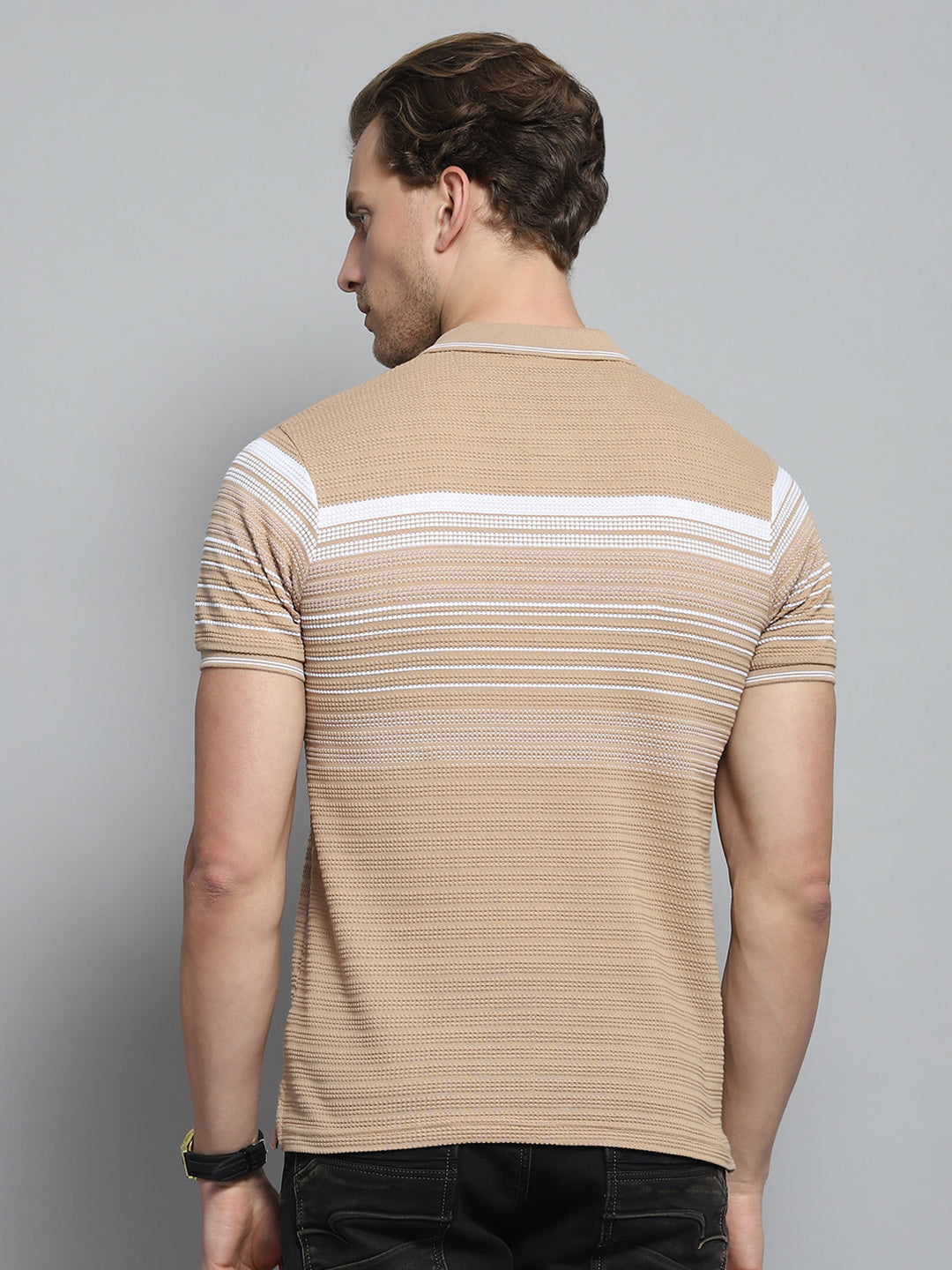 Men Brown Stripe Collar Half Sleeve T-Shirt