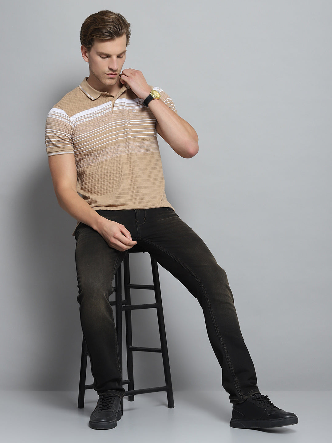 Men Brown Stripe Collar Half Sleeve T-Shirt