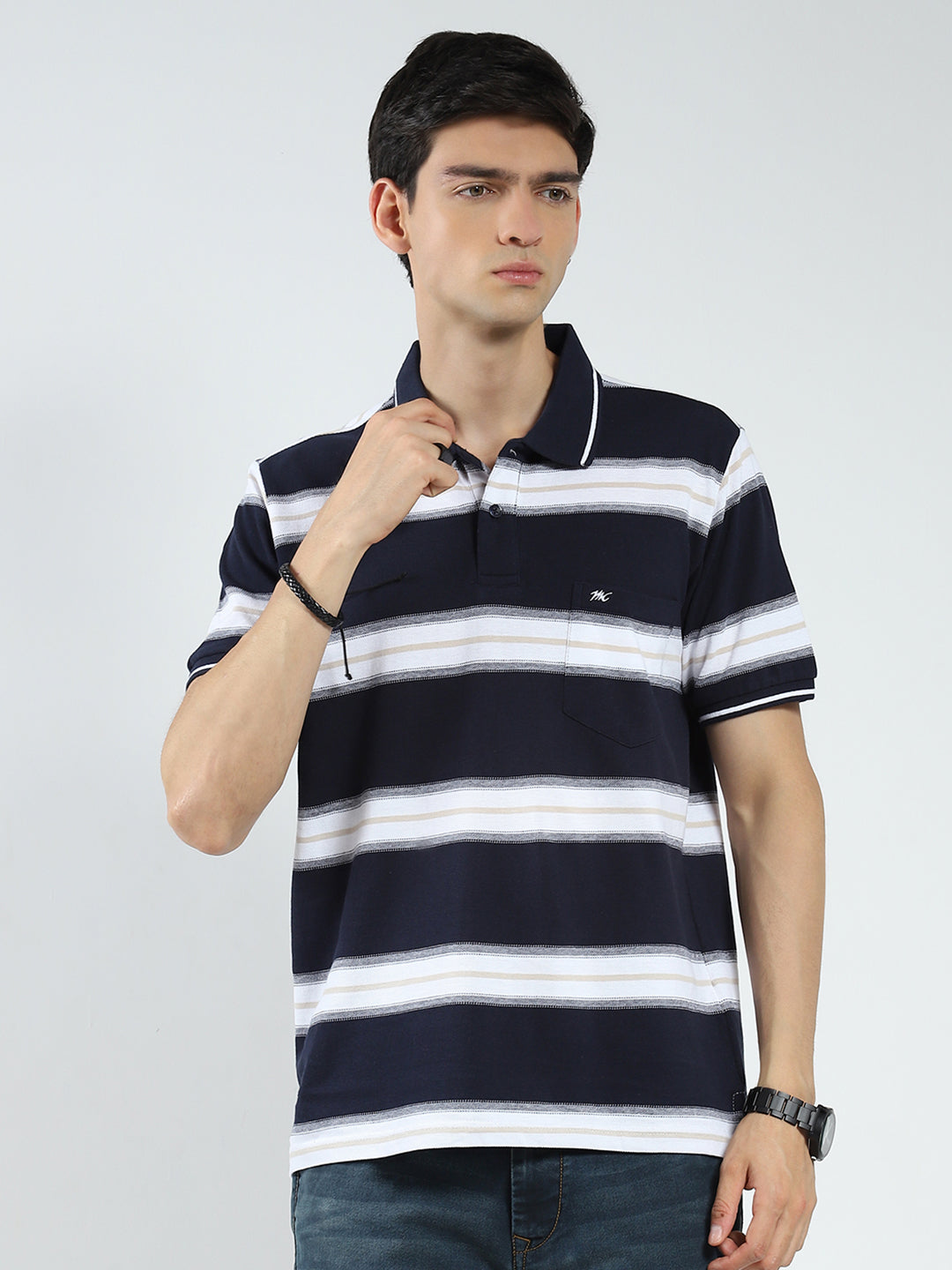 Men Navy Blue Stripe Collar Half Sleeve T-Shirt