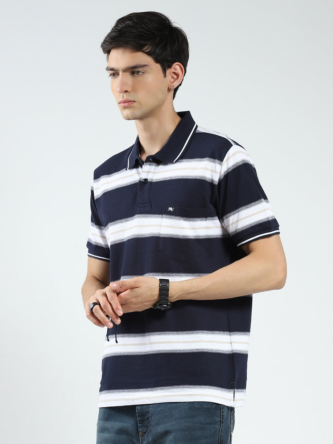 Men Navy Blue Stripe Collar Half Sleeve T-Shirt