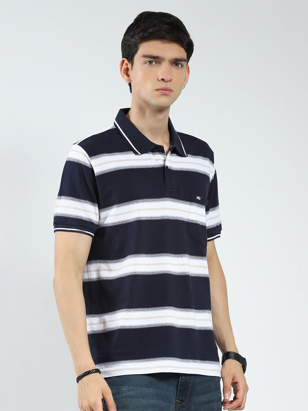 Men Navy Blue Stripe Collar Half Sleeve T-Shirt