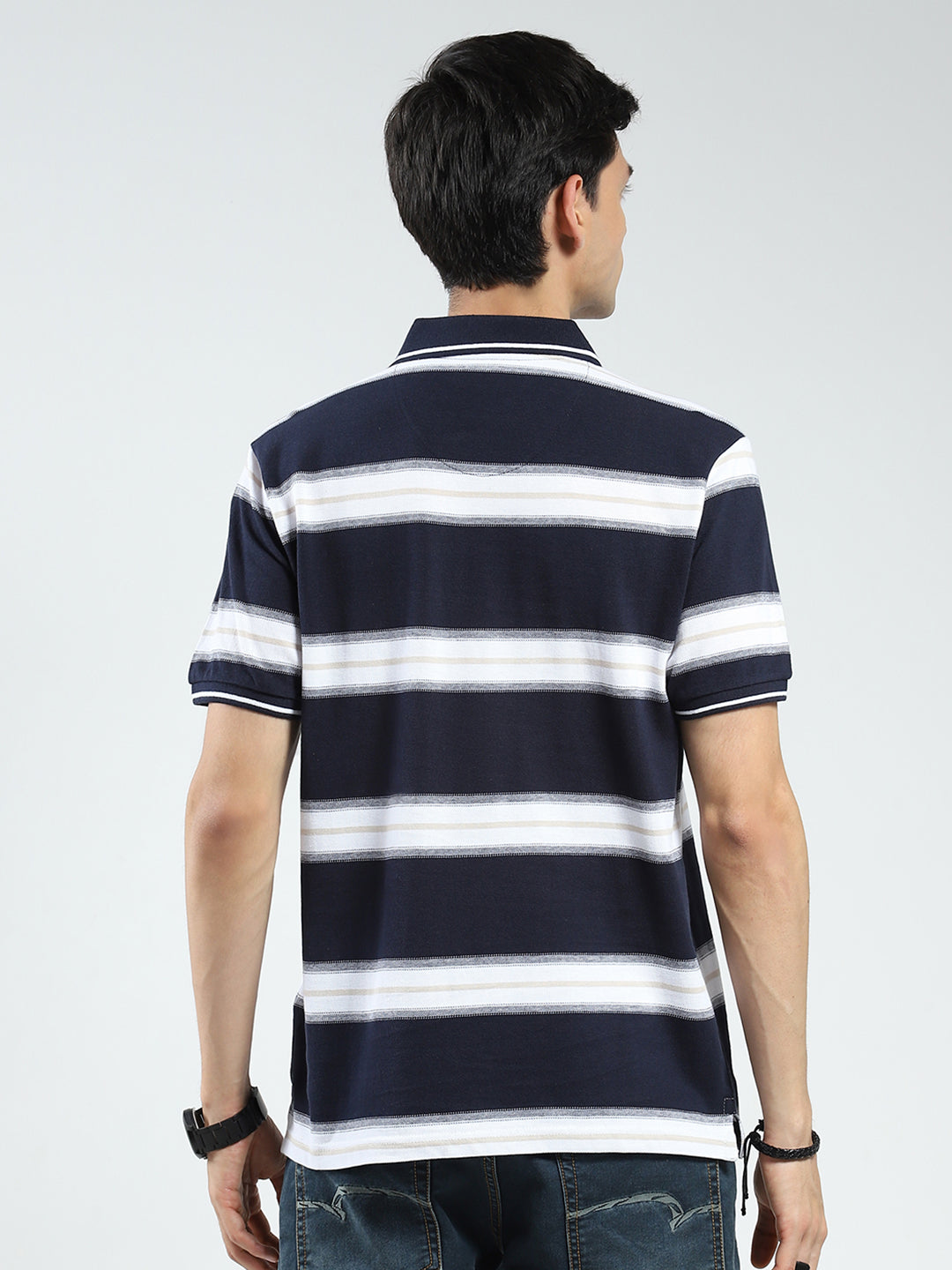 Men Navy Blue Stripe Collar Half Sleeve T-Shirt