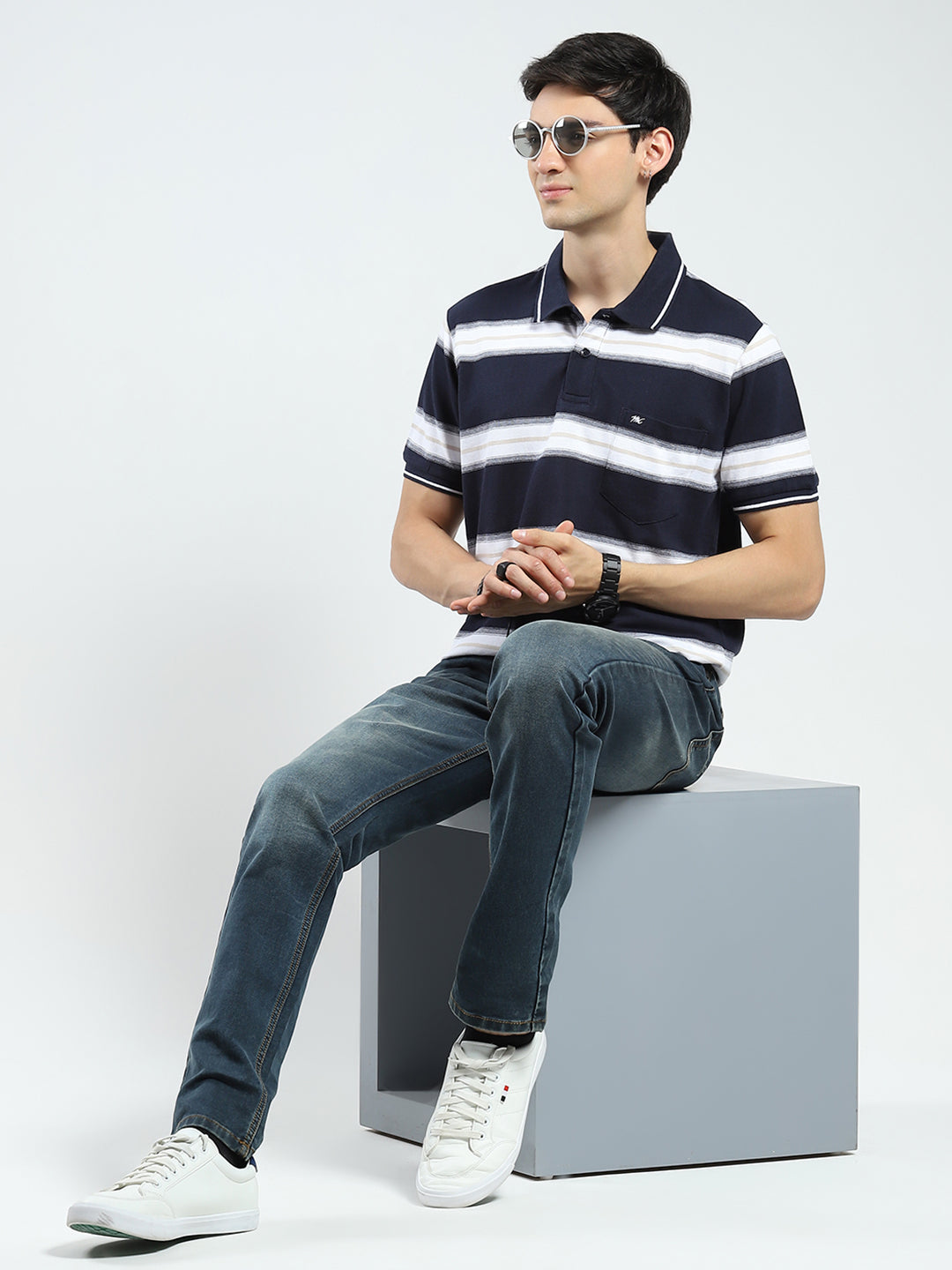 Men Navy Blue Stripe Collar Half Sleeve T-Shirt