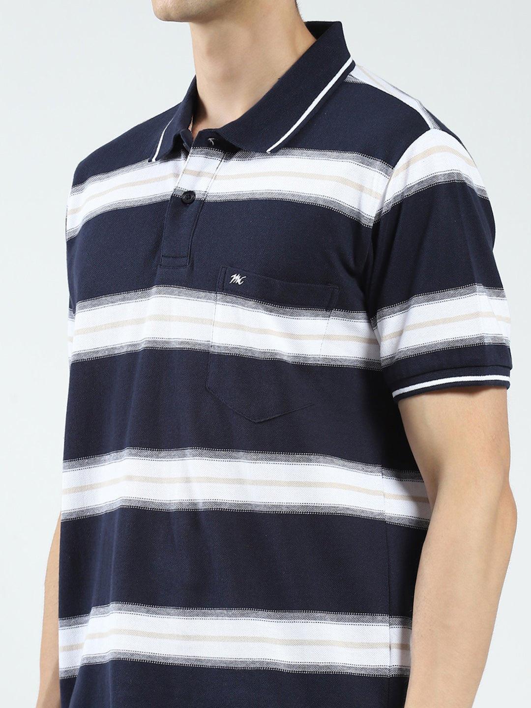 Men Navy Blue Stripe Collar Half Sleeve T-Shirt