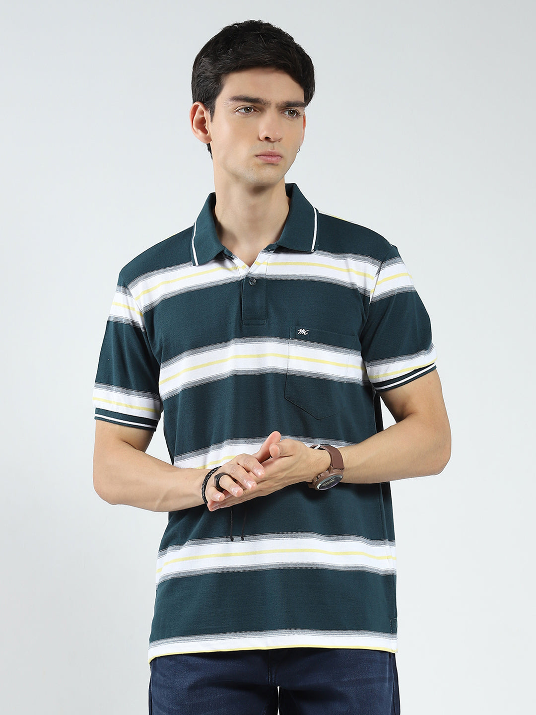 Men Green Stripe Collar Half Sleeve T-Shirt