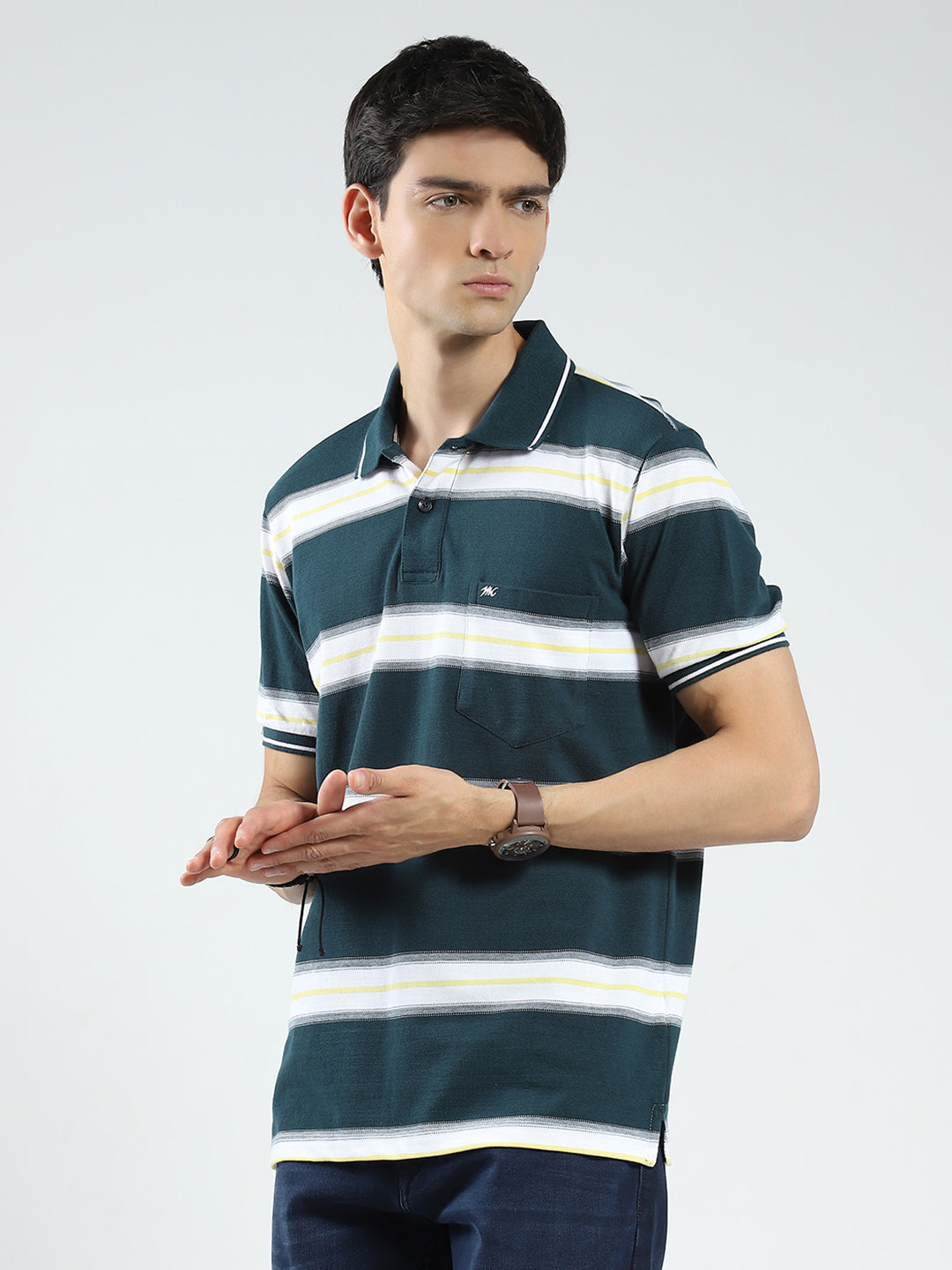 Men Green Stripe Collar Half Sleeve T-Shirt