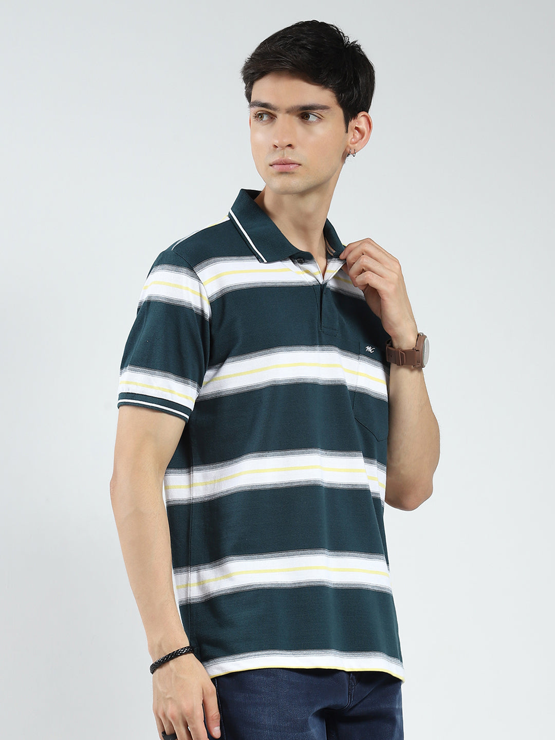 Men Green Stripe Collar Half Sleeve T-Shirt