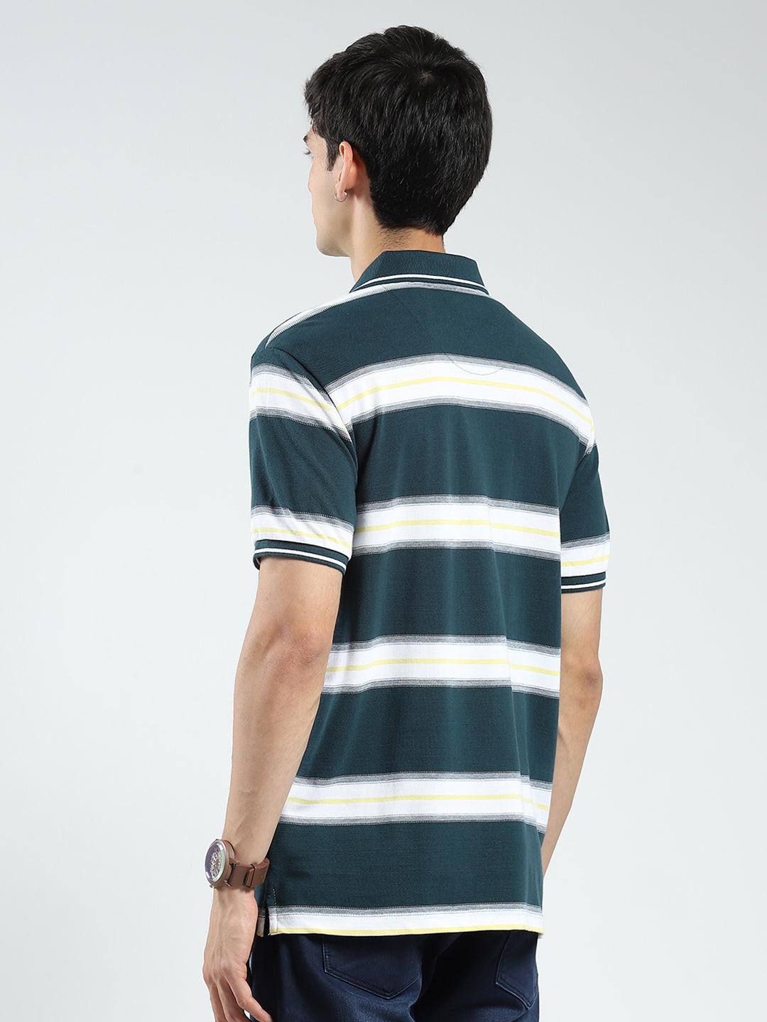 Men Green Stripe Collar Half Sleeve T-Shirt