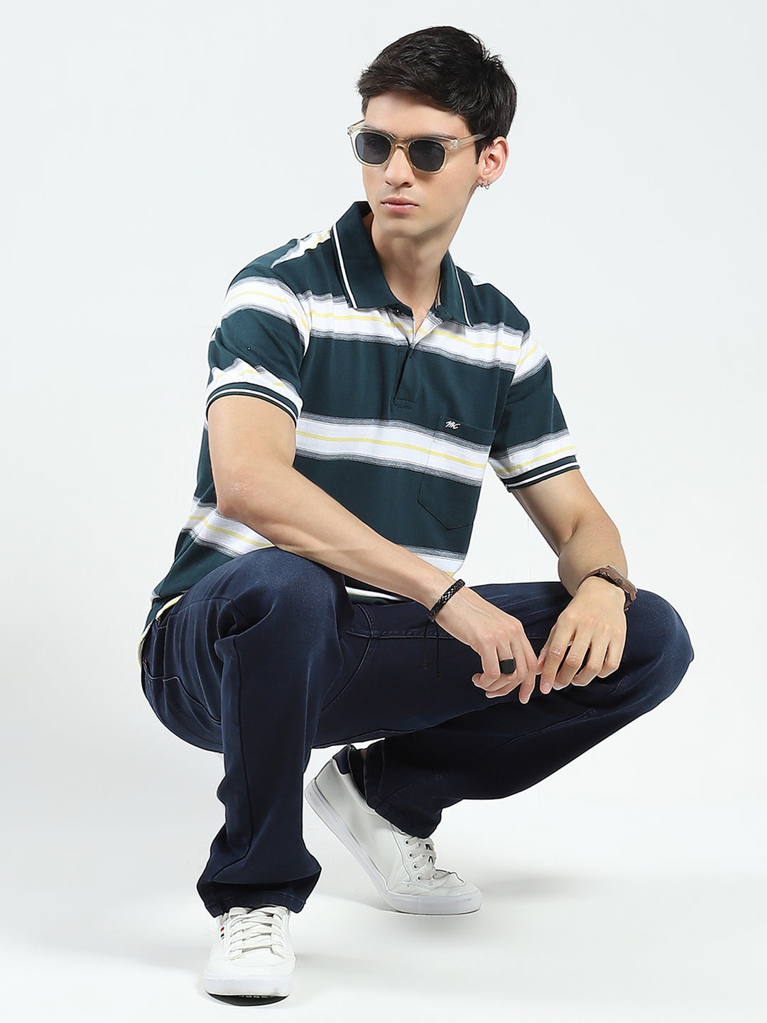 Men Green Stripe Collar Half Sleeve T-Shirt