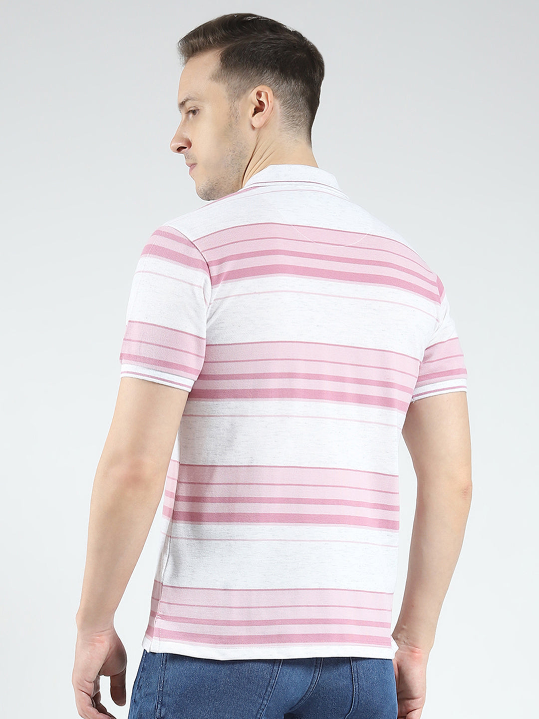 Men Pink Stripe Collar Half Sleeve T-Shirt