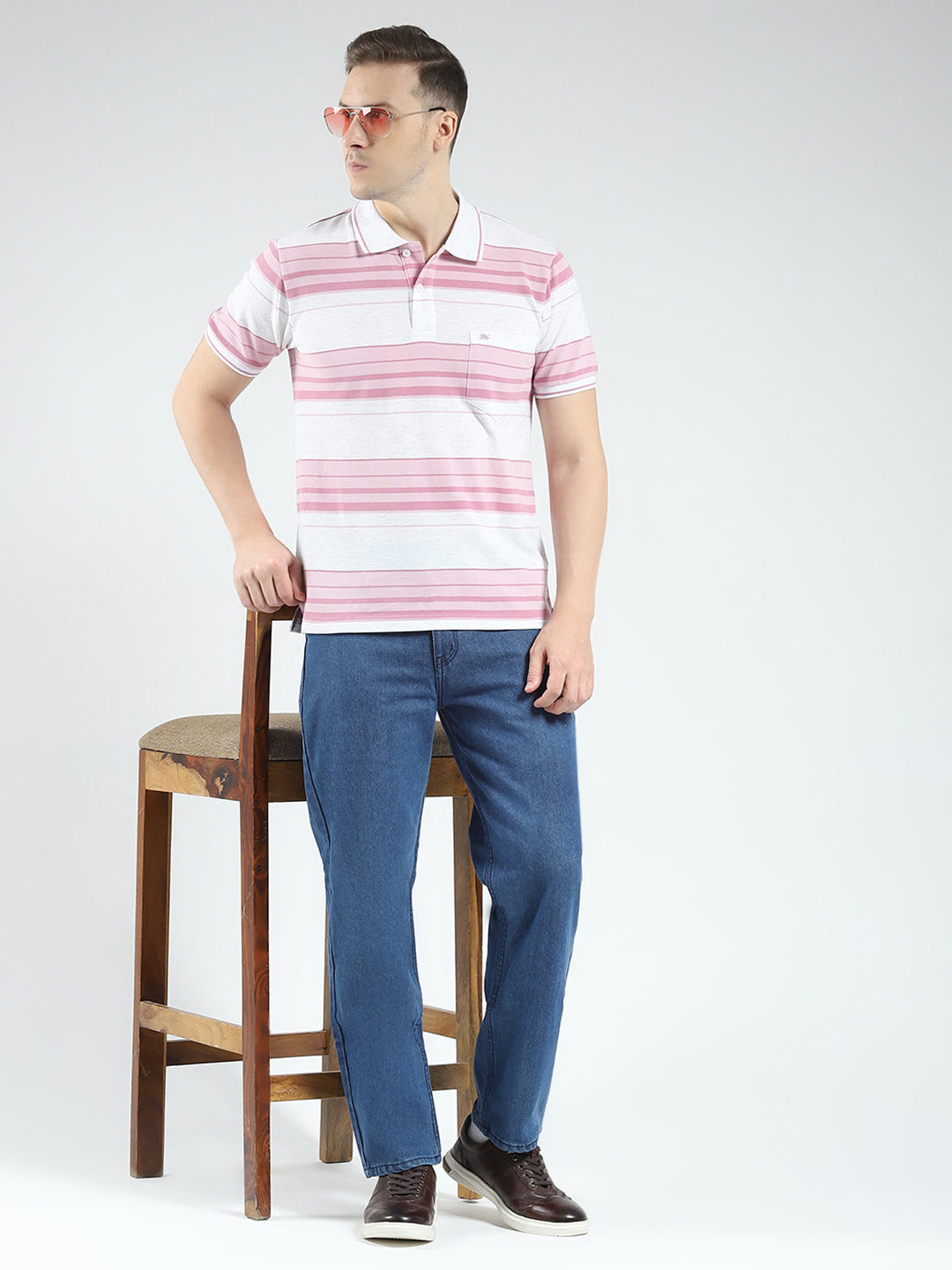 Men Pink Stripe Collar Half Sleeve T-Shirt