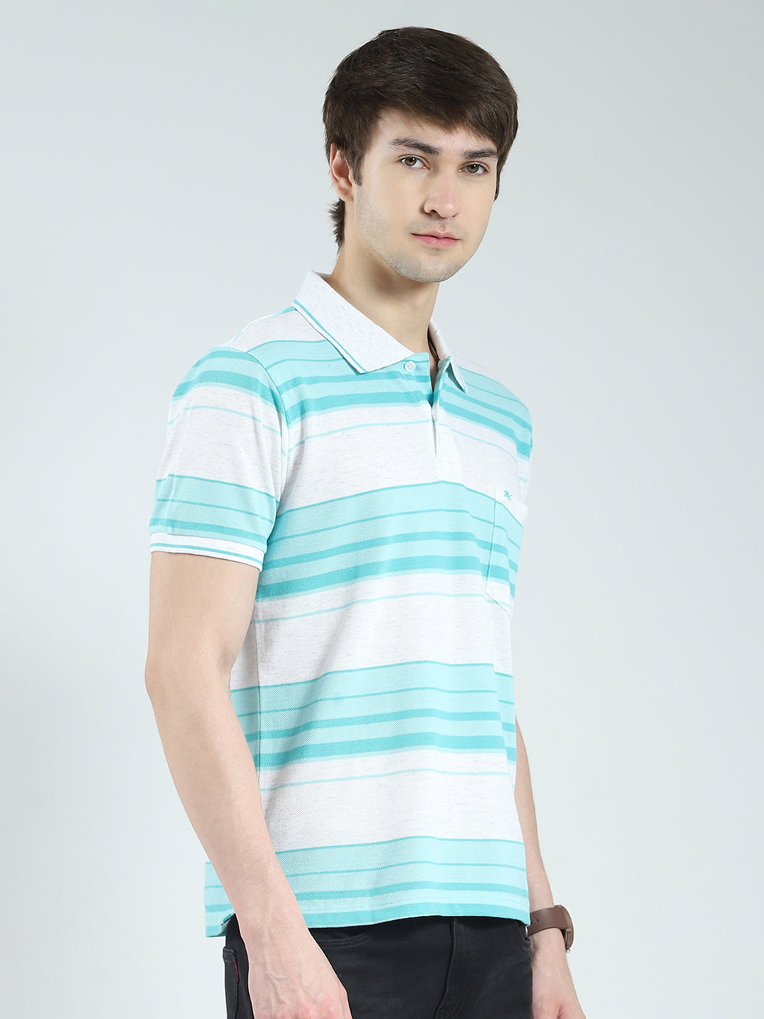 Men Green Stripe Collar Half Sleeve T-Shirt