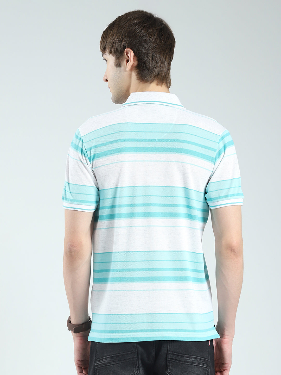 Men Green Stripe Collar Half Sleeve T-Shirt