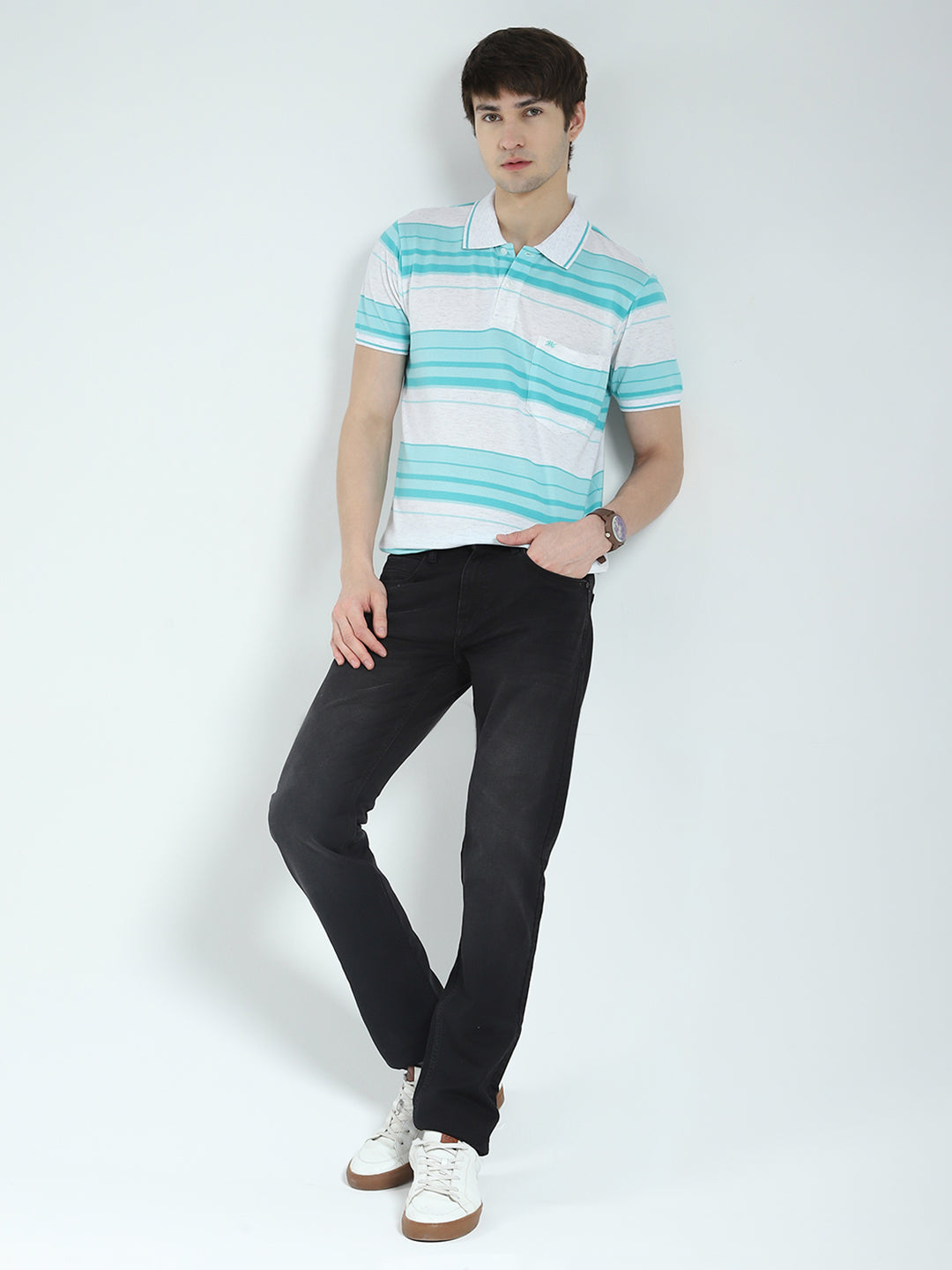 Men Green Stripe Collar Half Sleeve T-Shirt